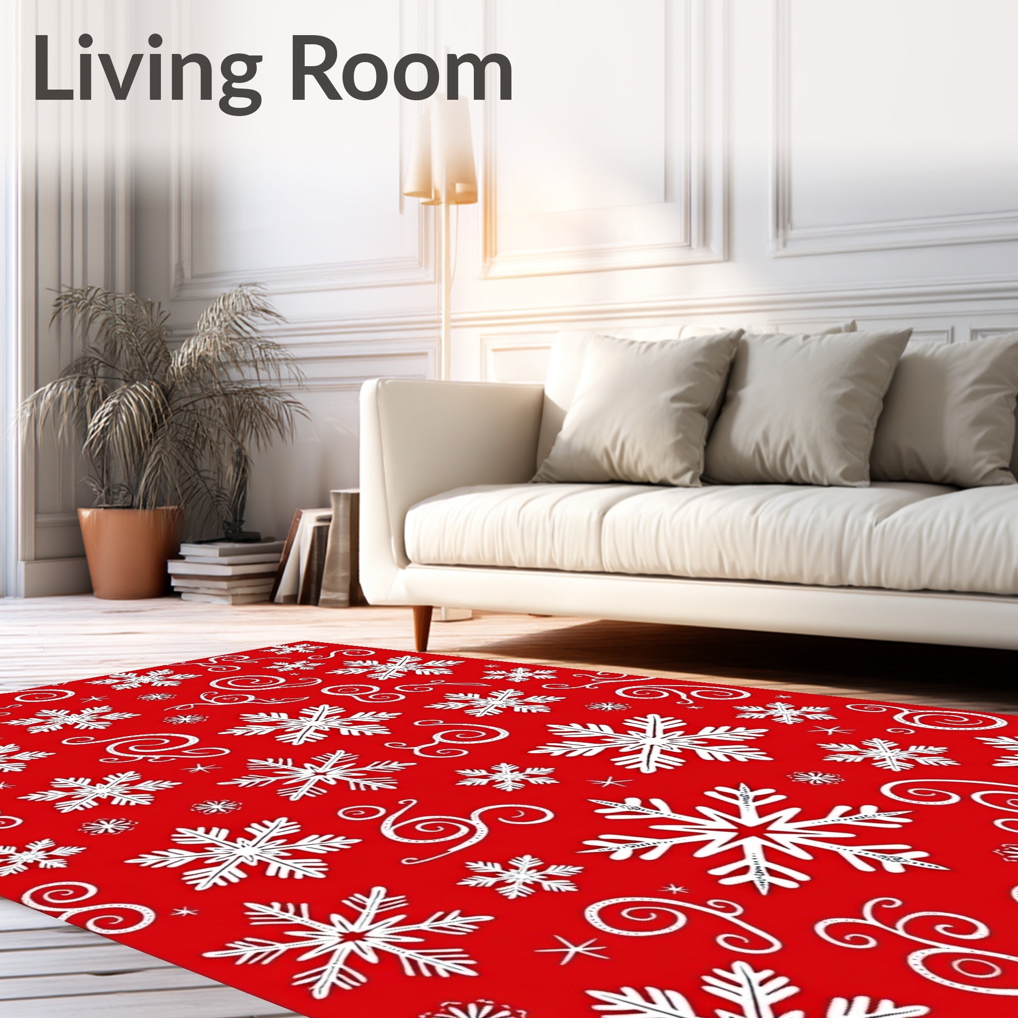 White Snowflake Scroll Red Background Rug