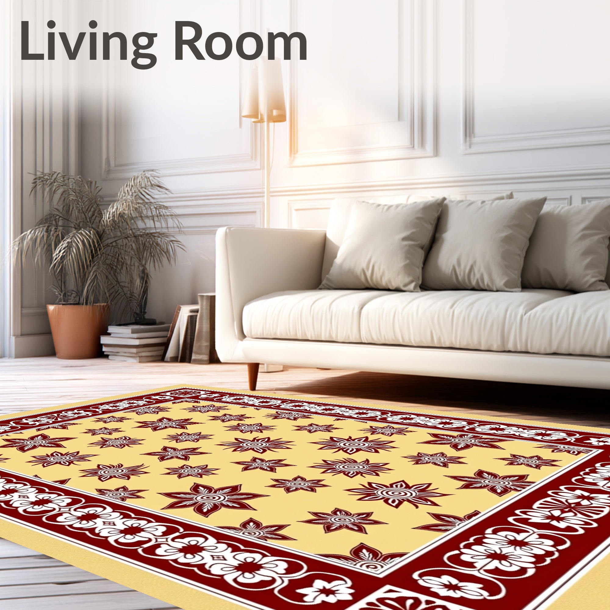 Deep Red Floral Medallion Cream Rug