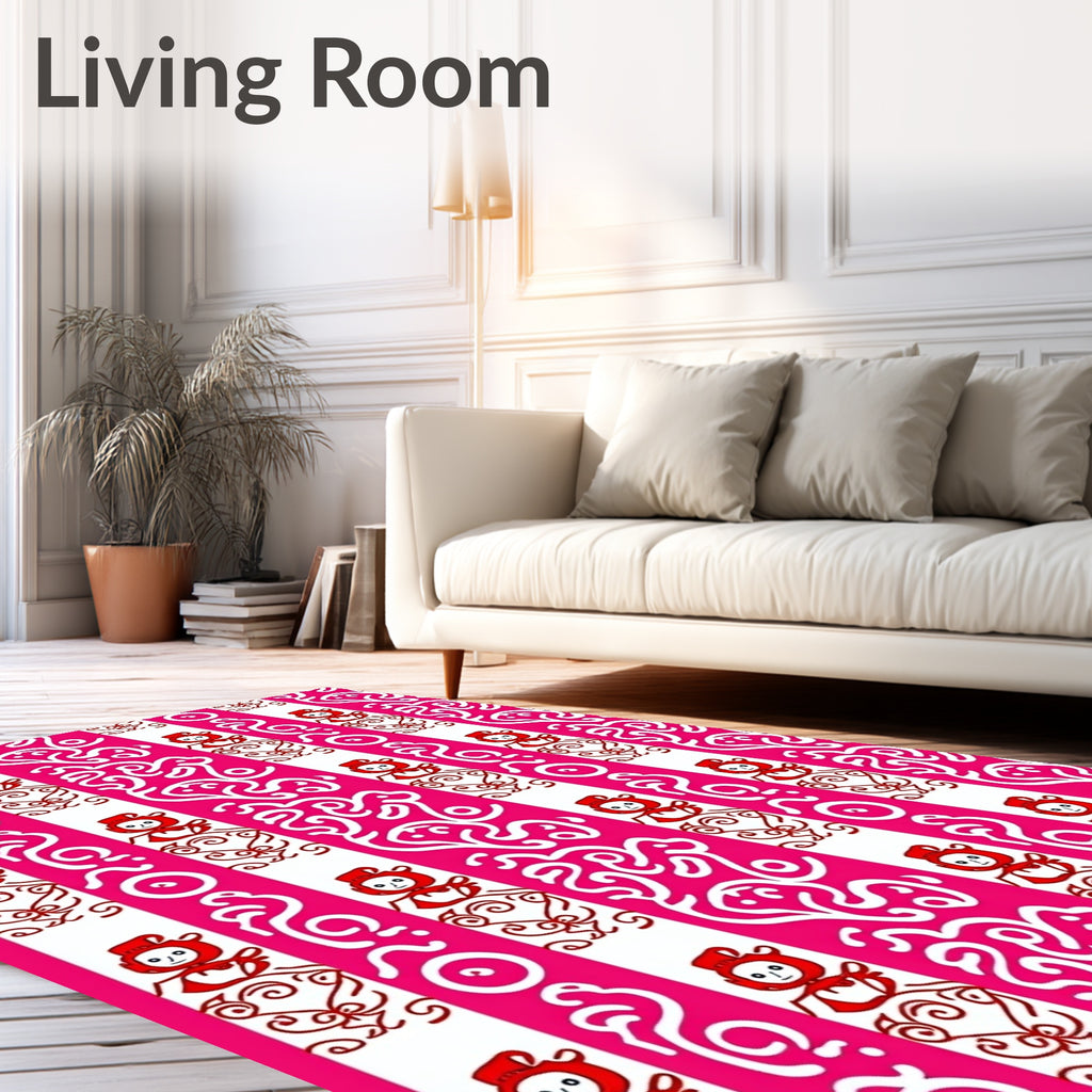 Pink White Whimsical Character Stripe Rug
