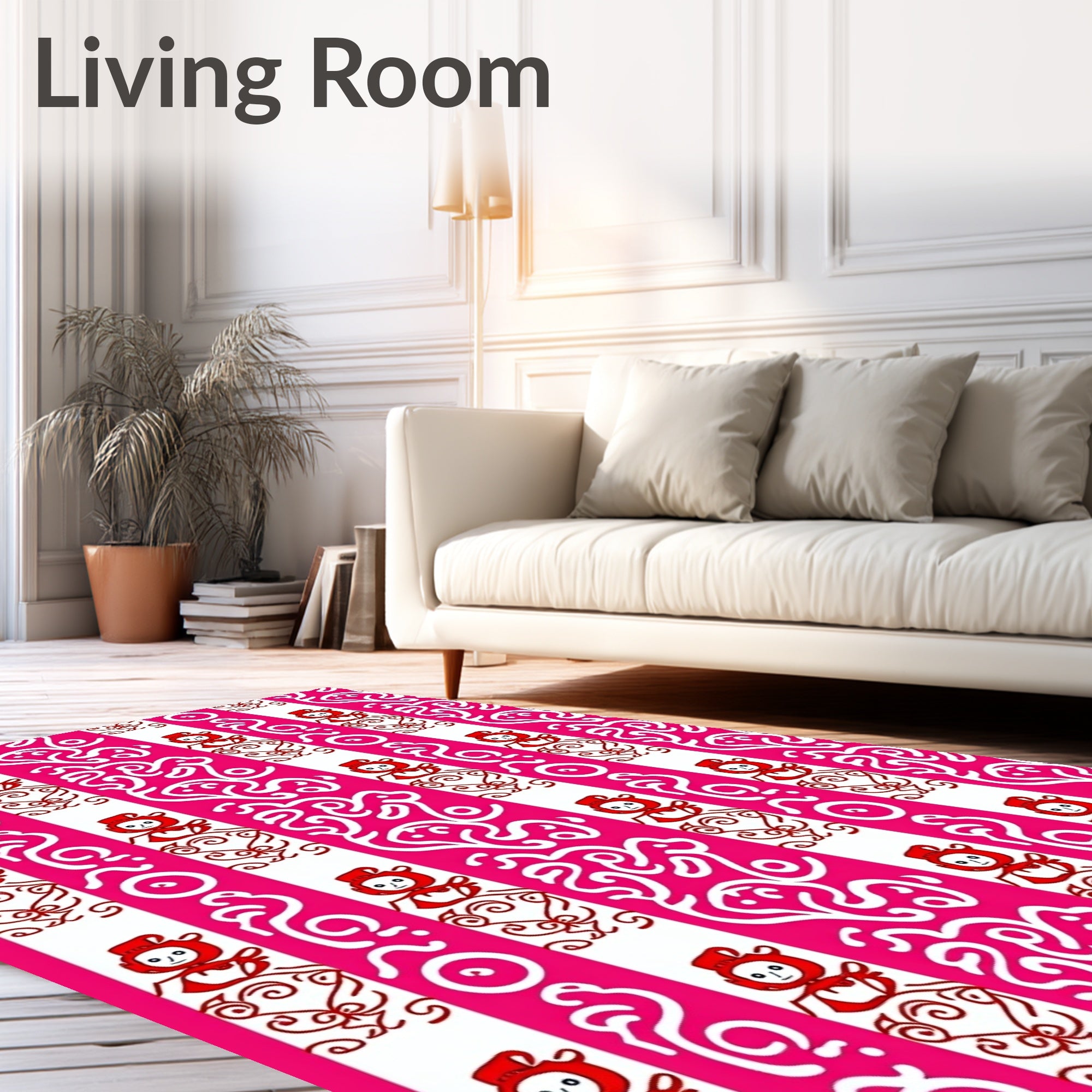 Pink White Whimsical Character Stripe Rug