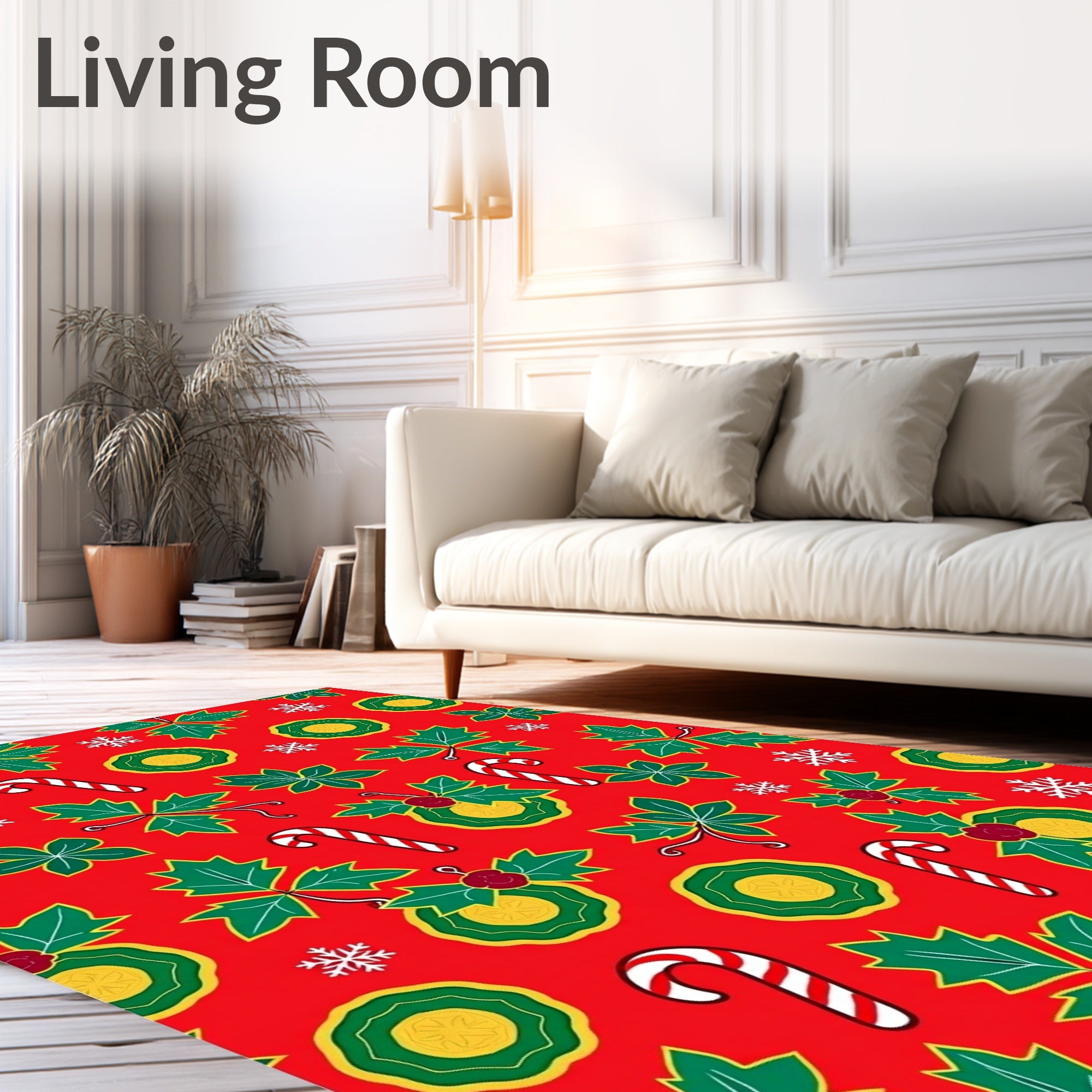 Festive Red Holly Candy Cane Snowflakes Rug
