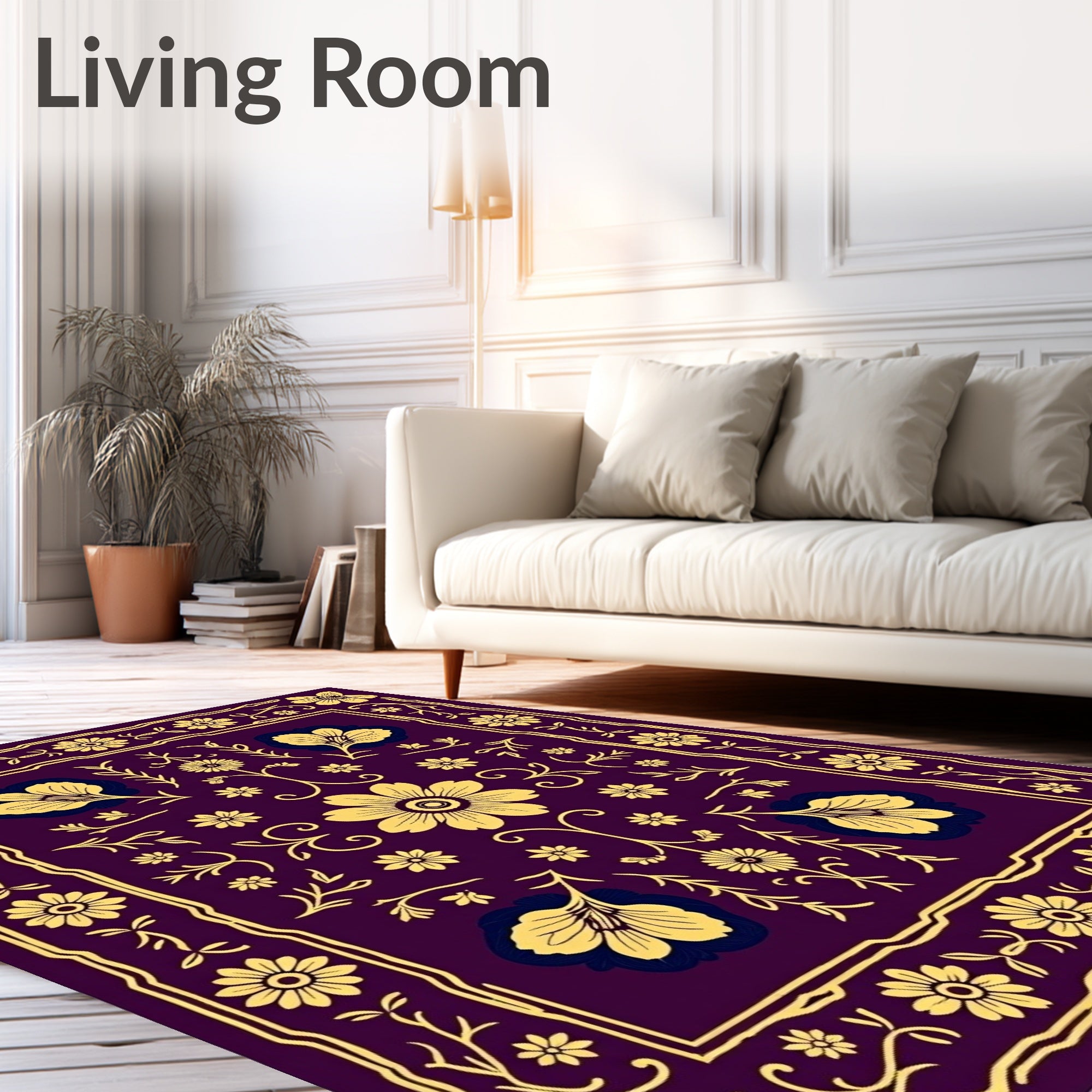 Deep Plum Yellow Floral Medallion Rug