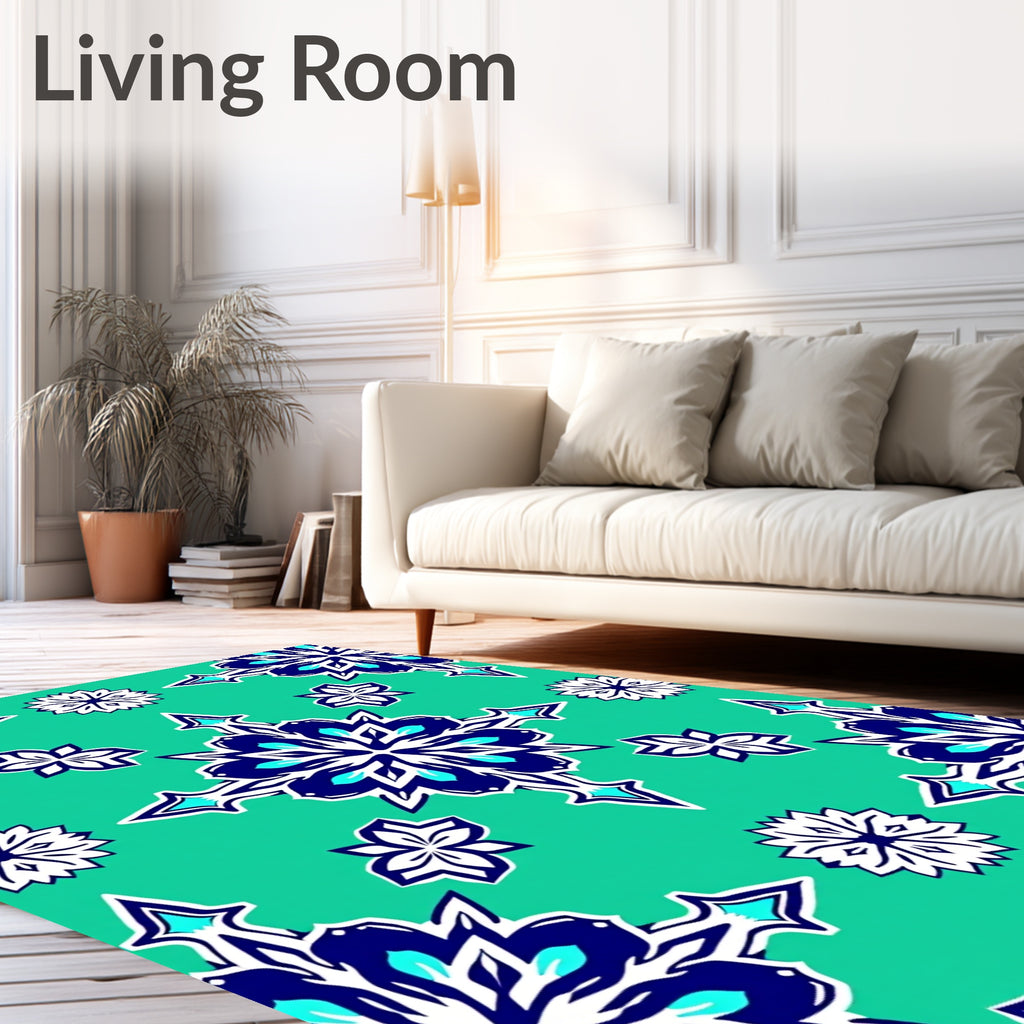 Teal Blue White Floral Symmetry Rug
