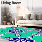 Teal Blue White Floral Symmetry Rug