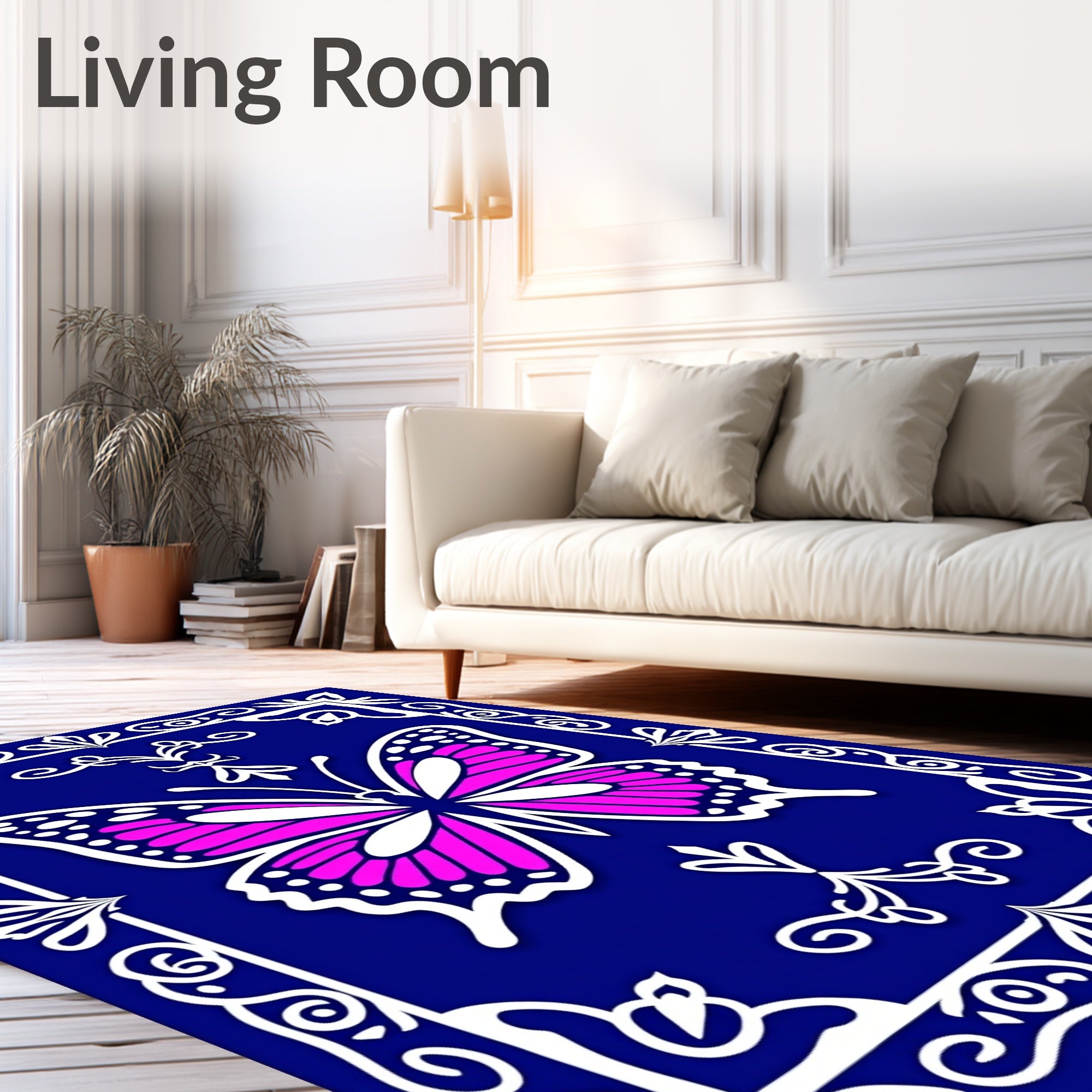 Bright Fuchsia Butterfly Ornamental Tile Rug