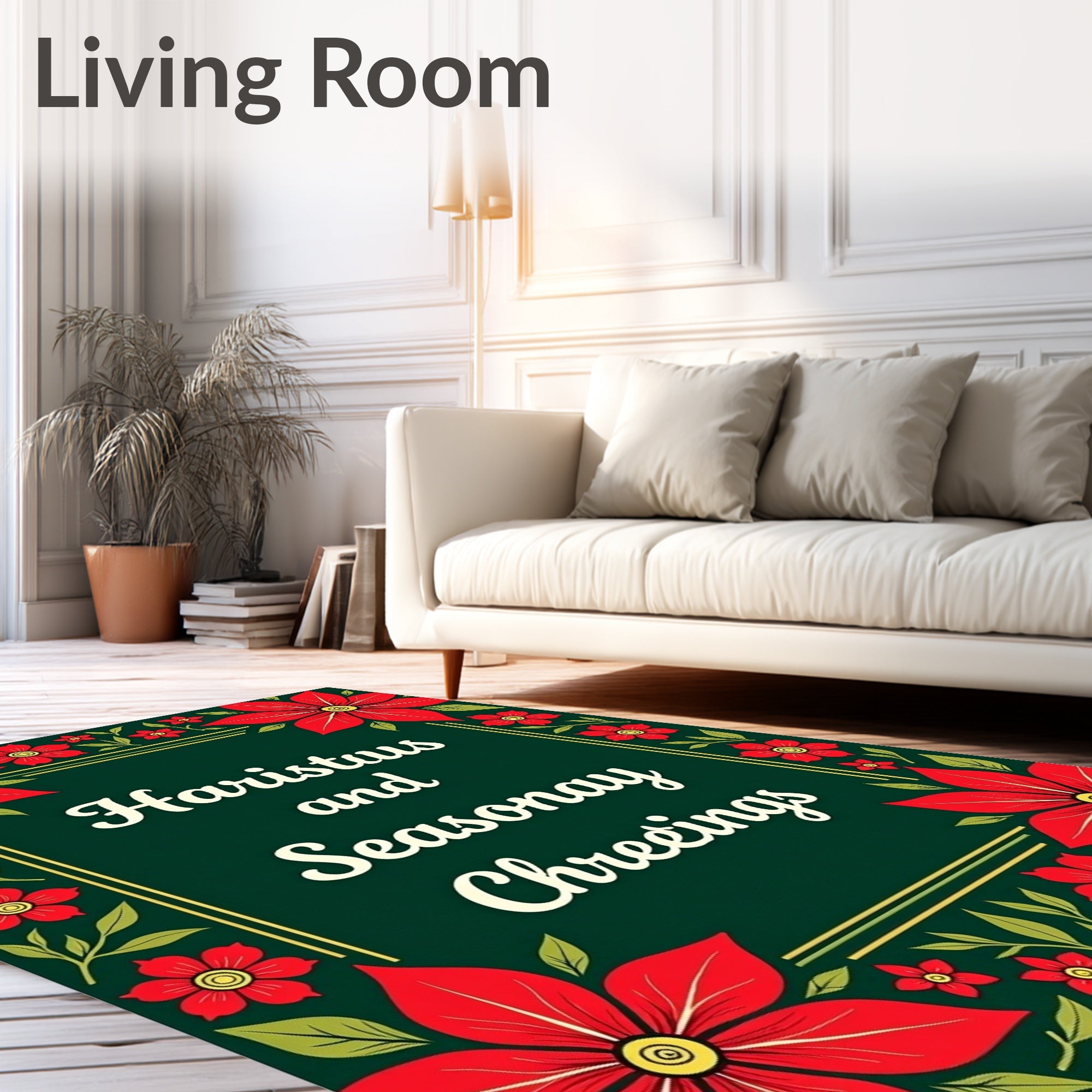 Red Poinsettia Floral Border Rug