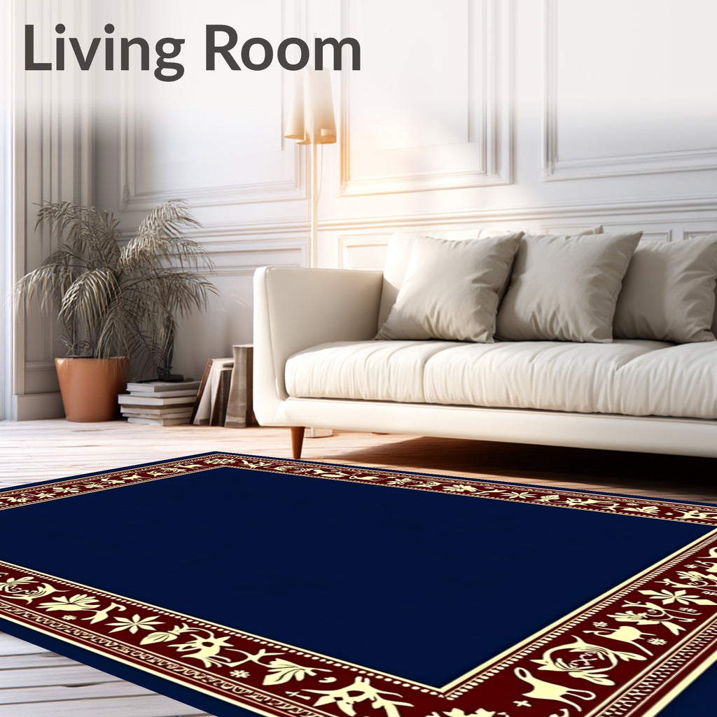 Deep Blue Folk Art Animal Border Rug