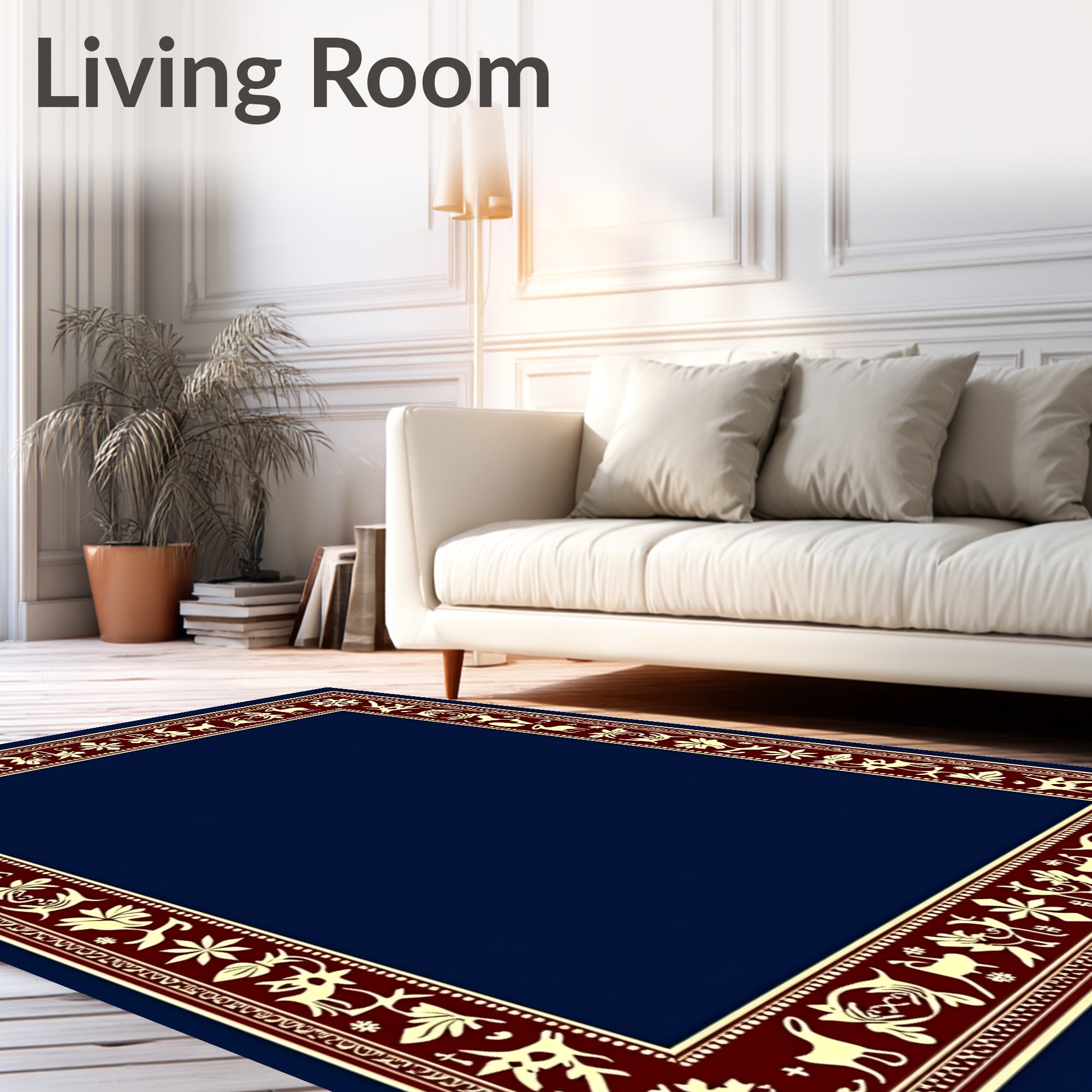Deep Blue Folk Art Animal Border Rug