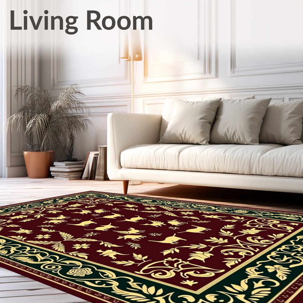 Rich Burgundy Golden Animal Border Rug