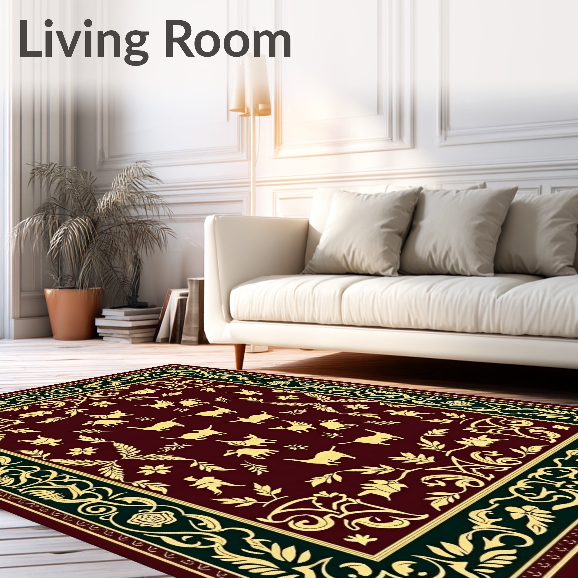Rich Burgundy Golden Animal Border Rug