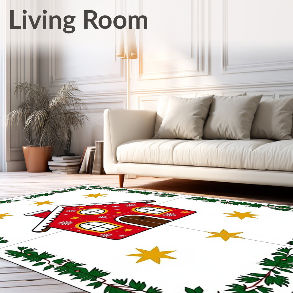 Red Gingerbread House Stars Evergreen Border Rug