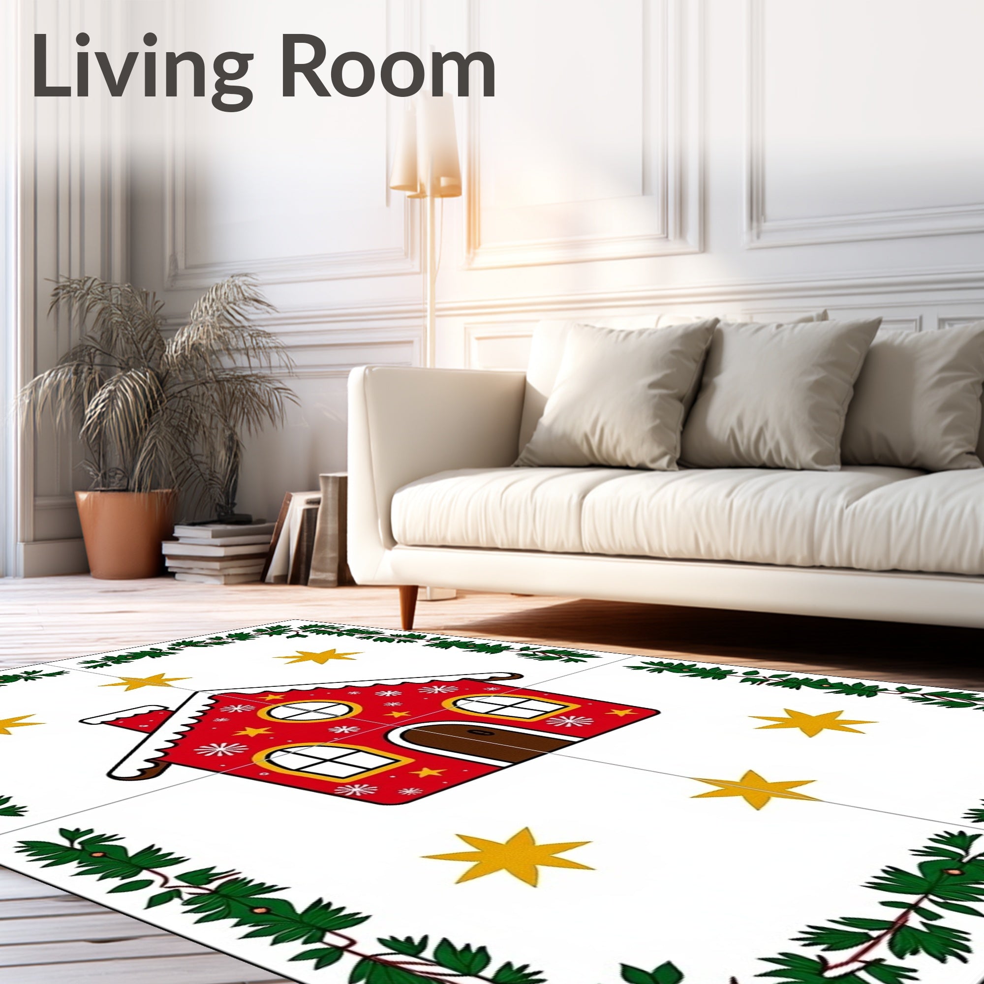 Red Gingerbread House Stars Evergreen Border Rug