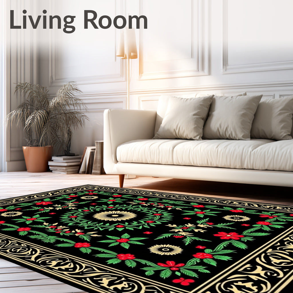 Black Floral Vines Medallion Rug