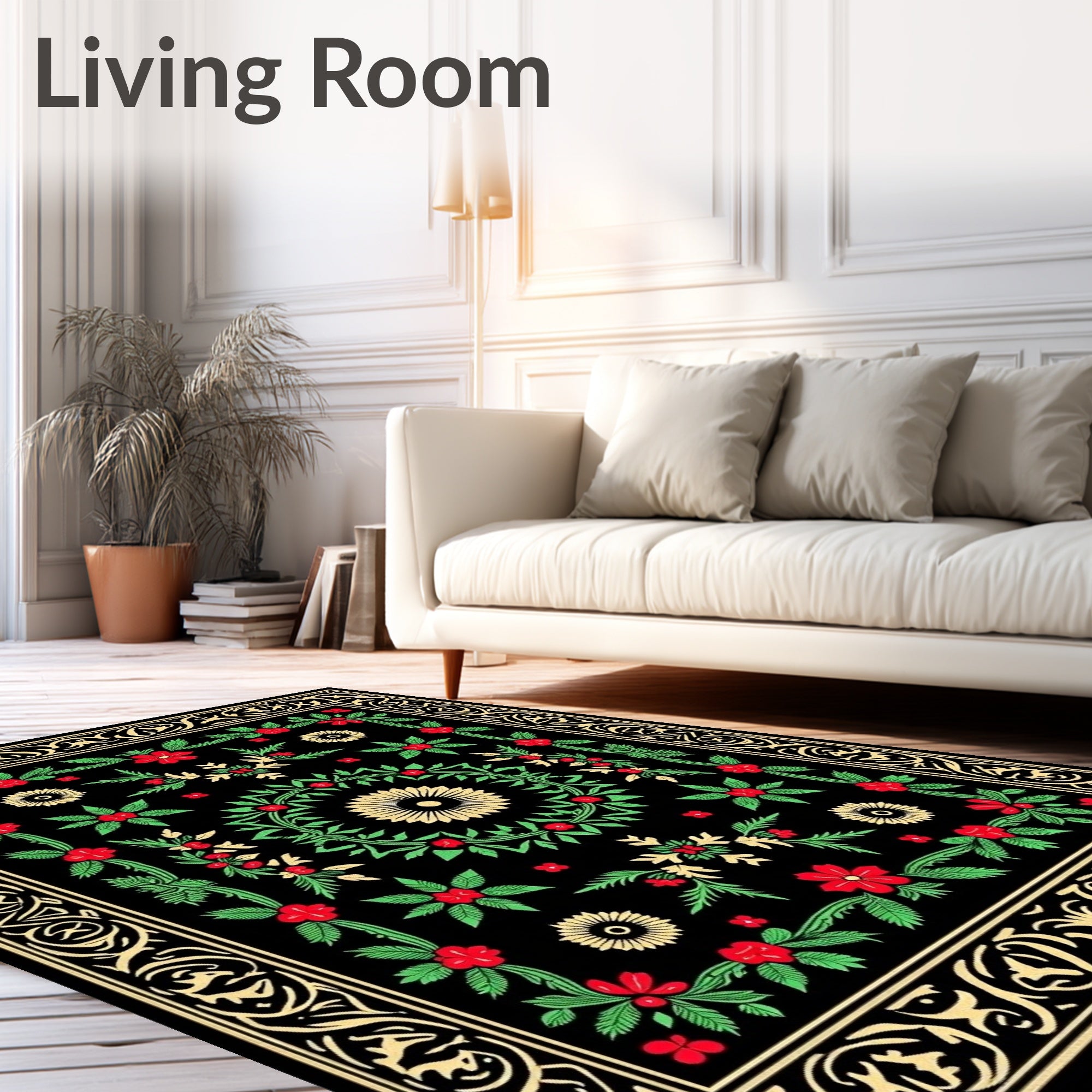 Black Floral Vines Medallion Rug
