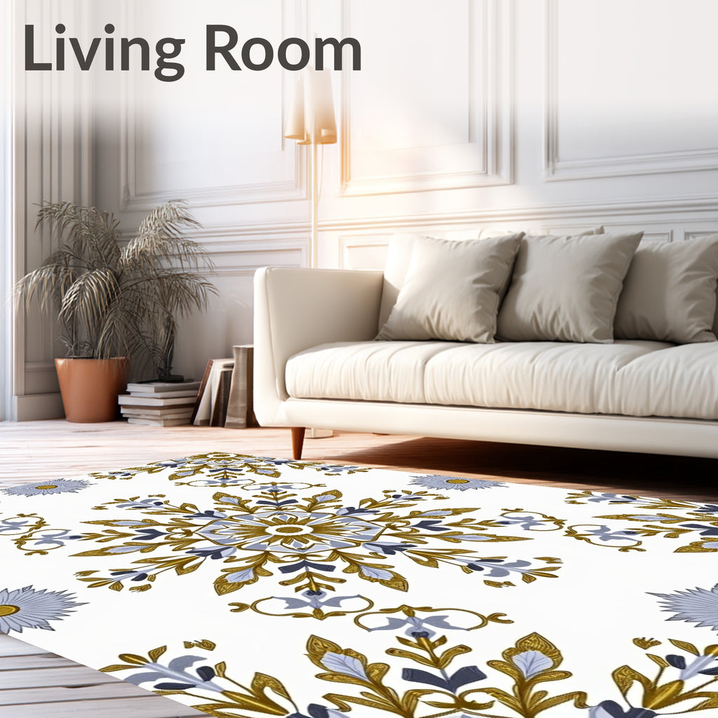 Gold Blue Floral Medallion Symmetry Rug