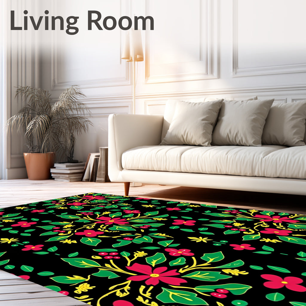 Bold Scarlet Floral Garden Black Rug