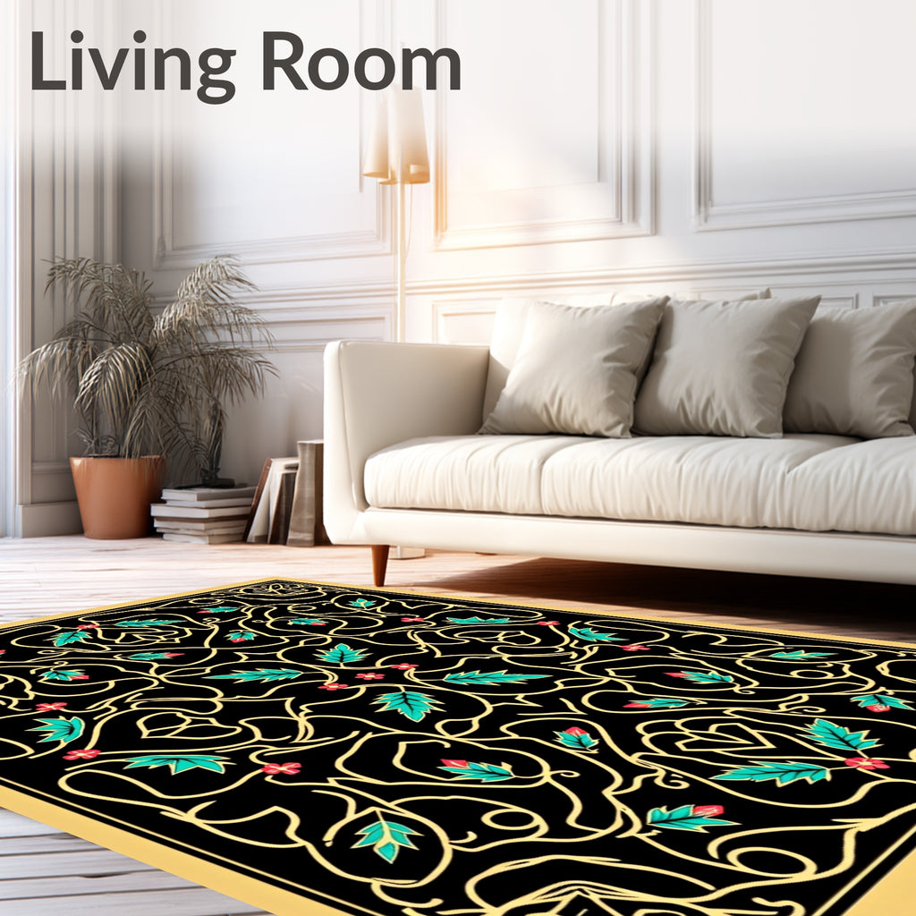 Golden Vine Teal Leaf Red Bloom Rug