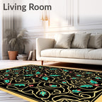 Golden Vine Teal Leaf Red Bloom Rug