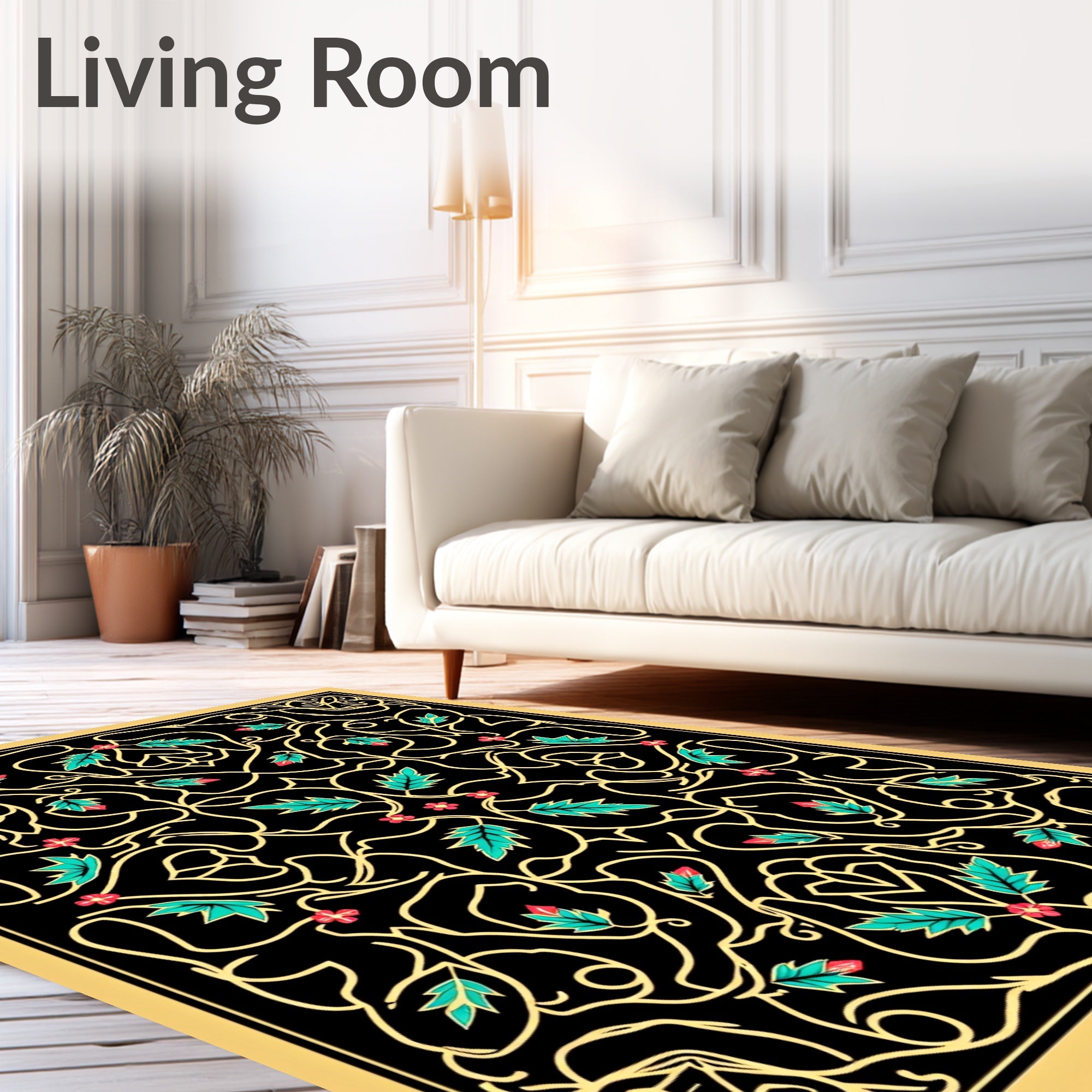 Golden Vine Teal Leaf Red Bloom Rug