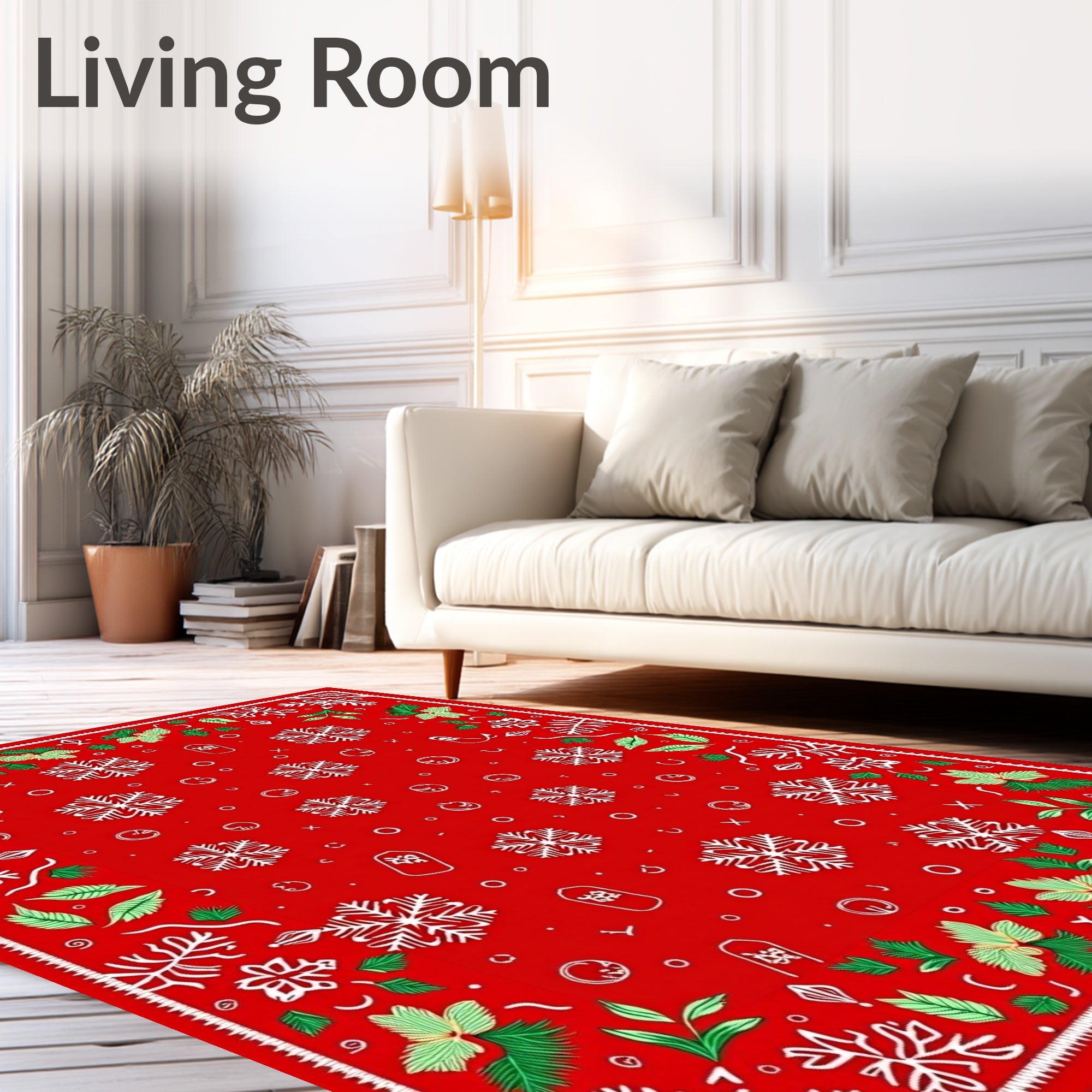 Festive Red Snowflake Holly Border Rug