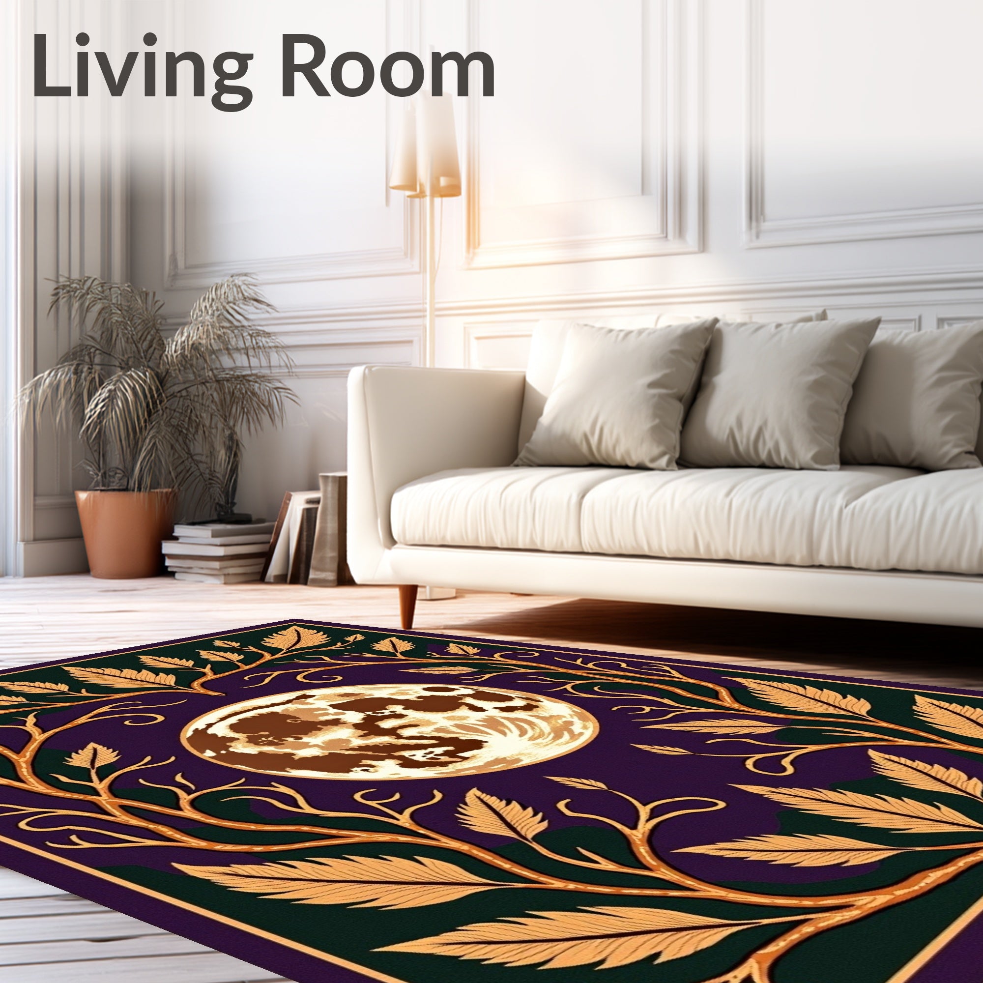 Elegant Celestial Moon Leaf Framing Rug