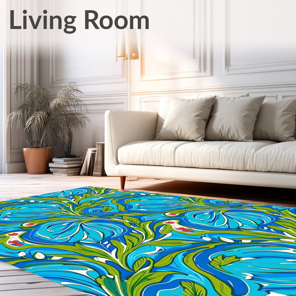Blue Green Floral Swirl Art Nouveau Rug