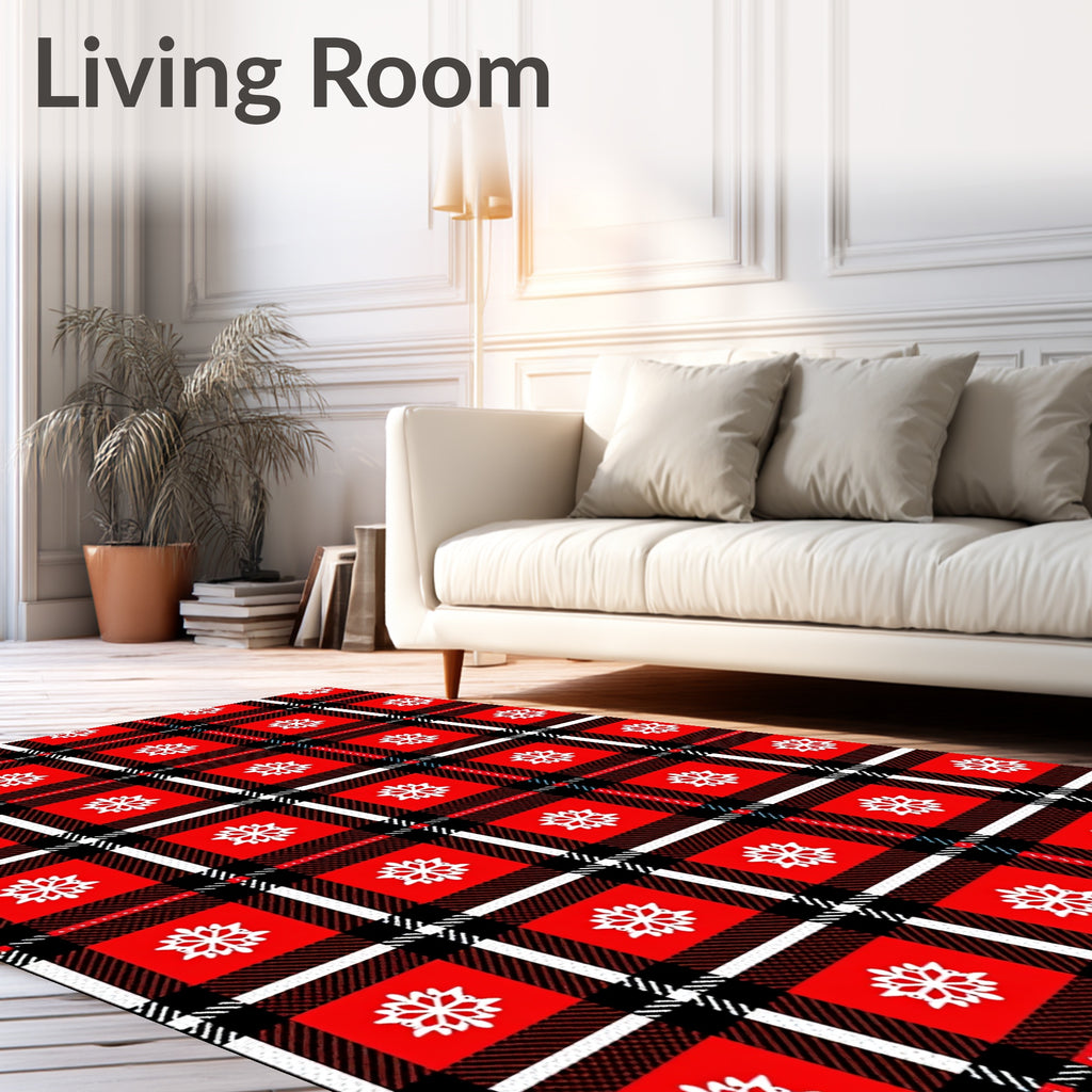 Red White Snowflake Plaid Tartan Rug