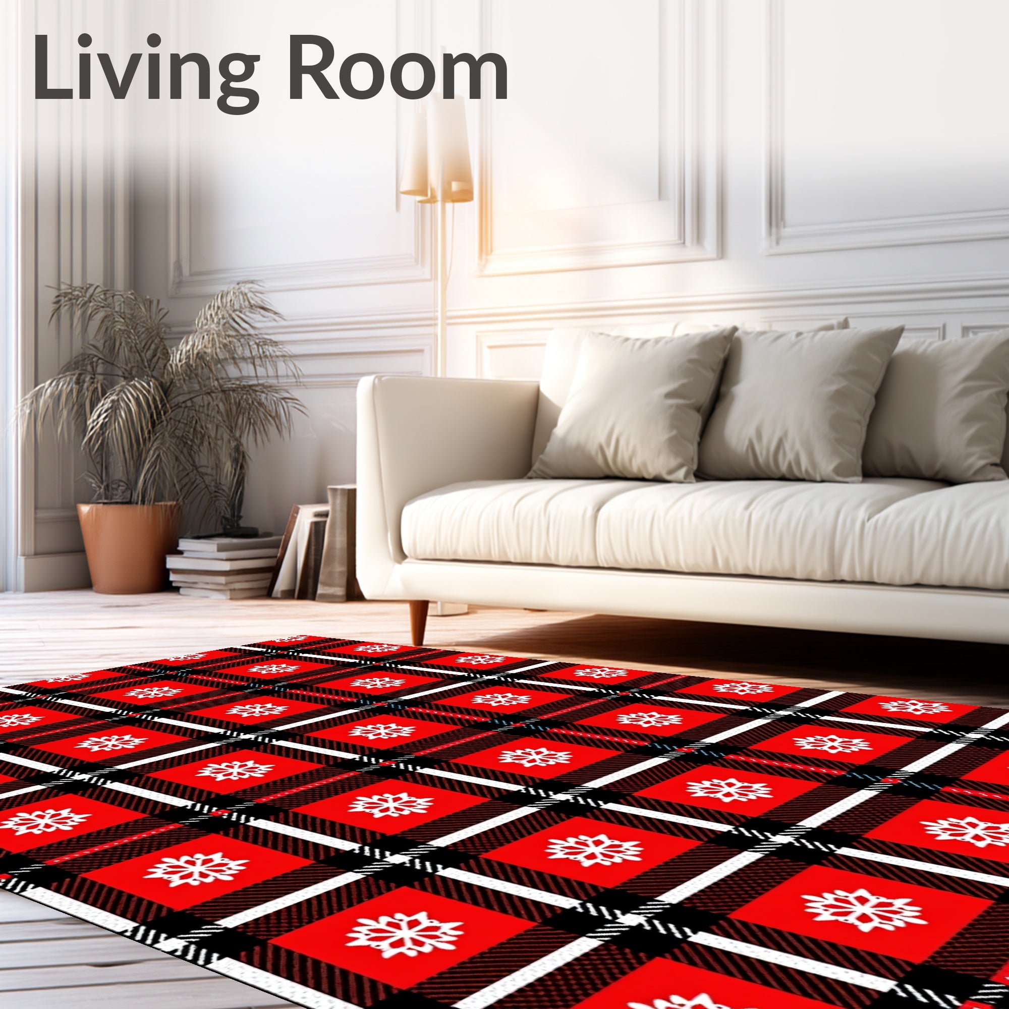 Red White Snowflake Plaid Tartan Rug