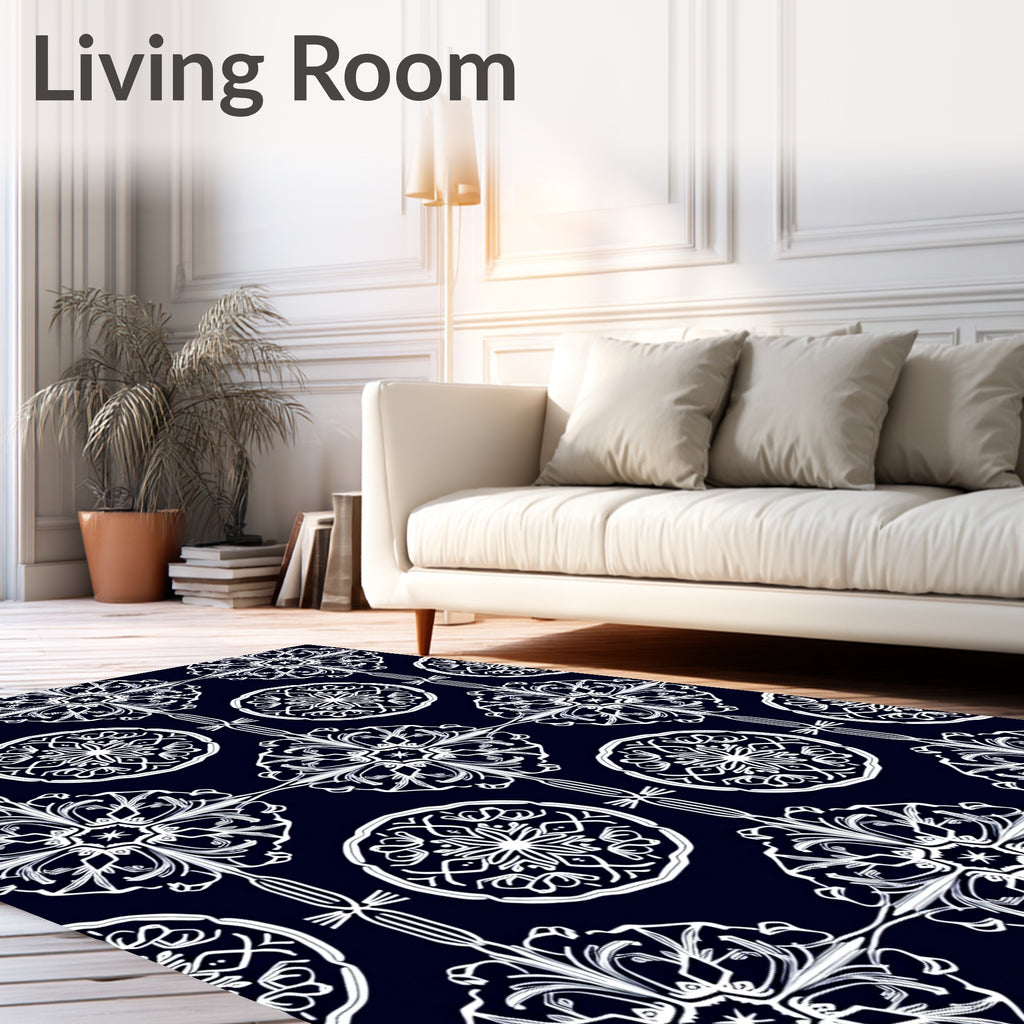 Ornate White Filigree Dark Navy Rug