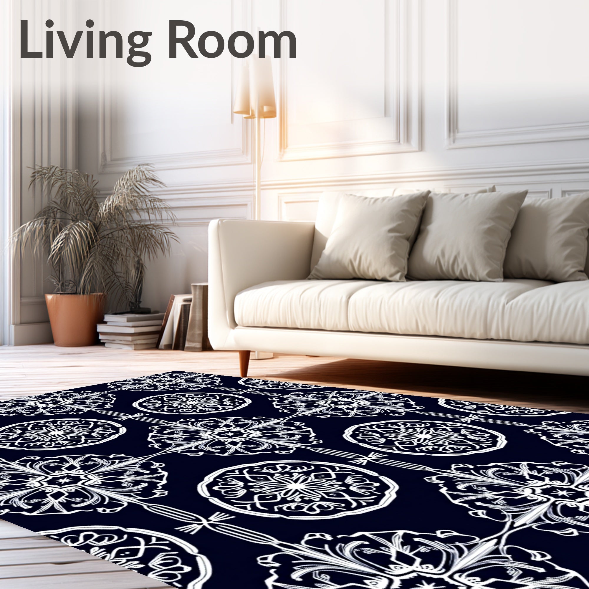 Ornate White Filigree Dark Navy Rug