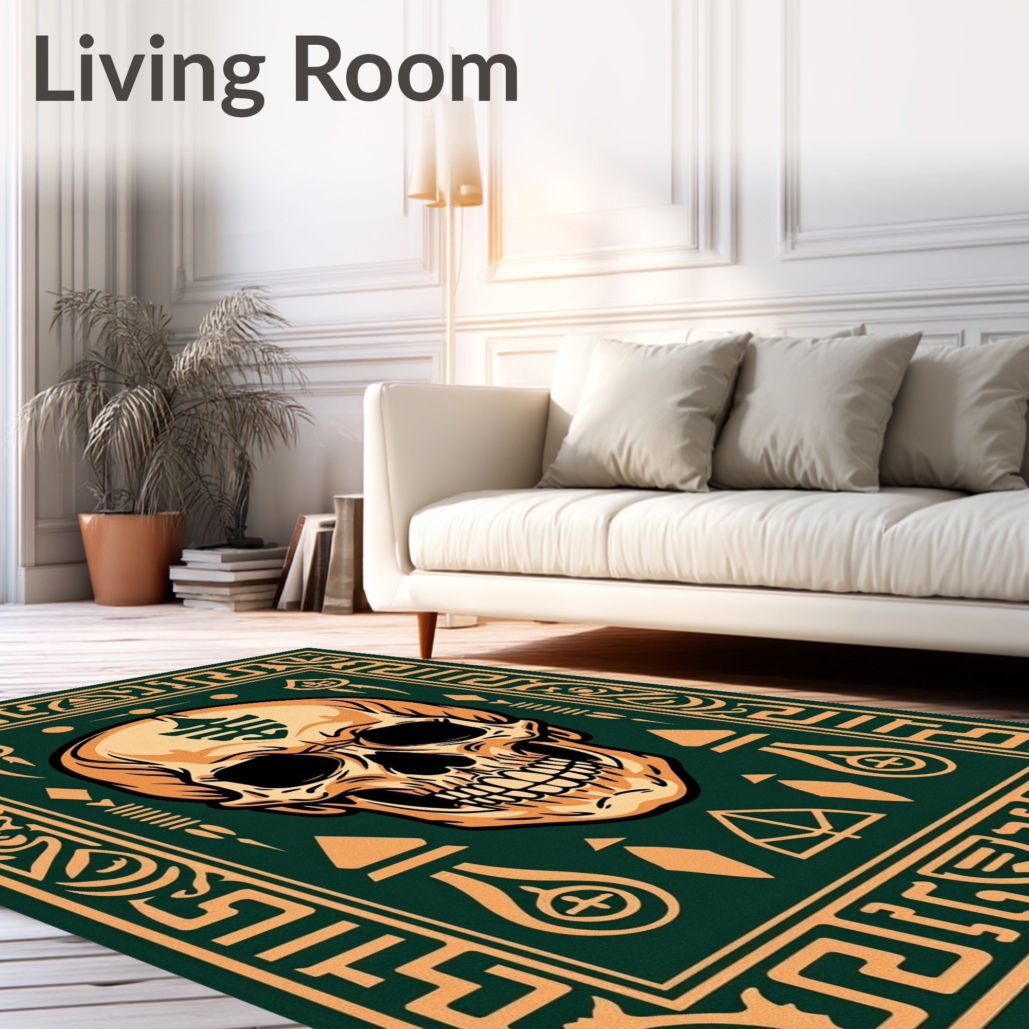 Dark Green Ornate Skull Medallion Rug