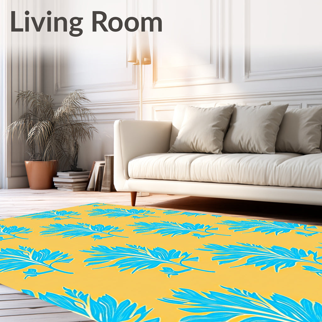 Vibrant Teal Feathered Foliage Yellow Background Rug