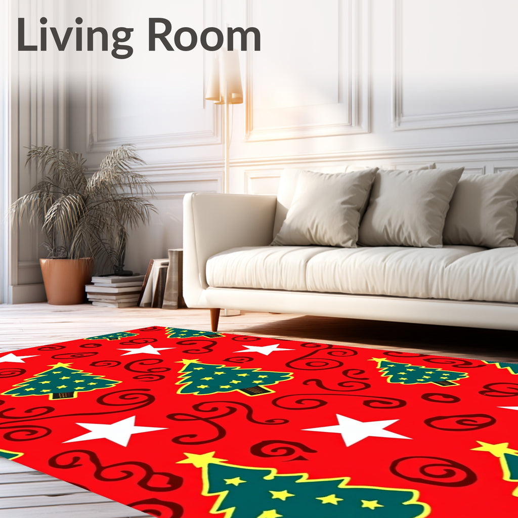 Red Christmas Trees Star Swirls Rug