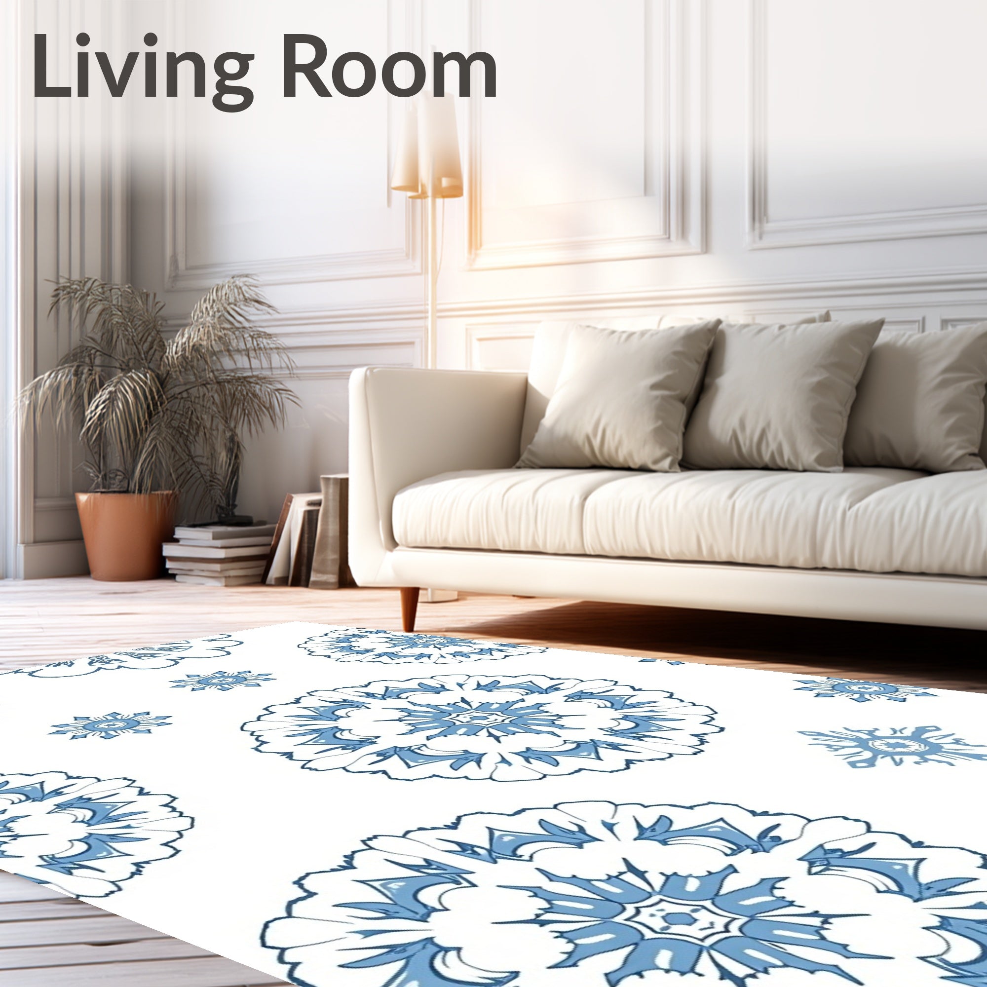 White Blue Mandala Blooming Medallion Rug