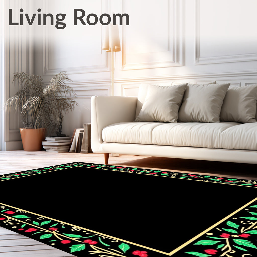 Red Berry Green Leaf Gold Vine Border Rug
