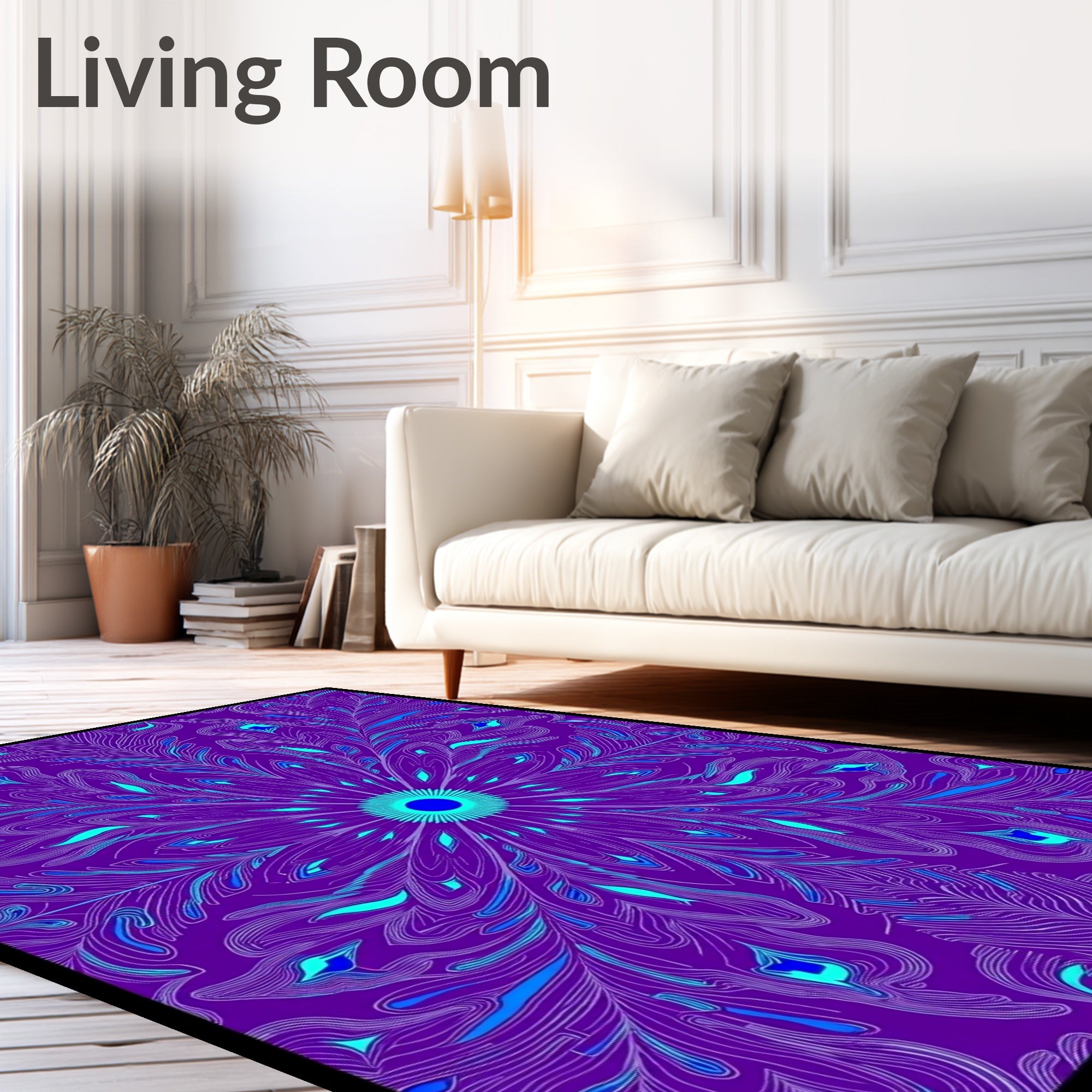Vibrant Purple Peacock Feather Mandala Rug