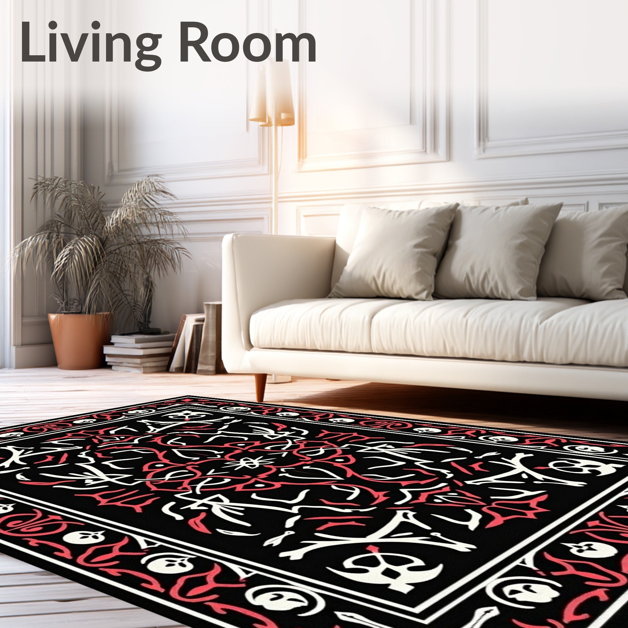 Black Crimson White Ornate Medallion Rug