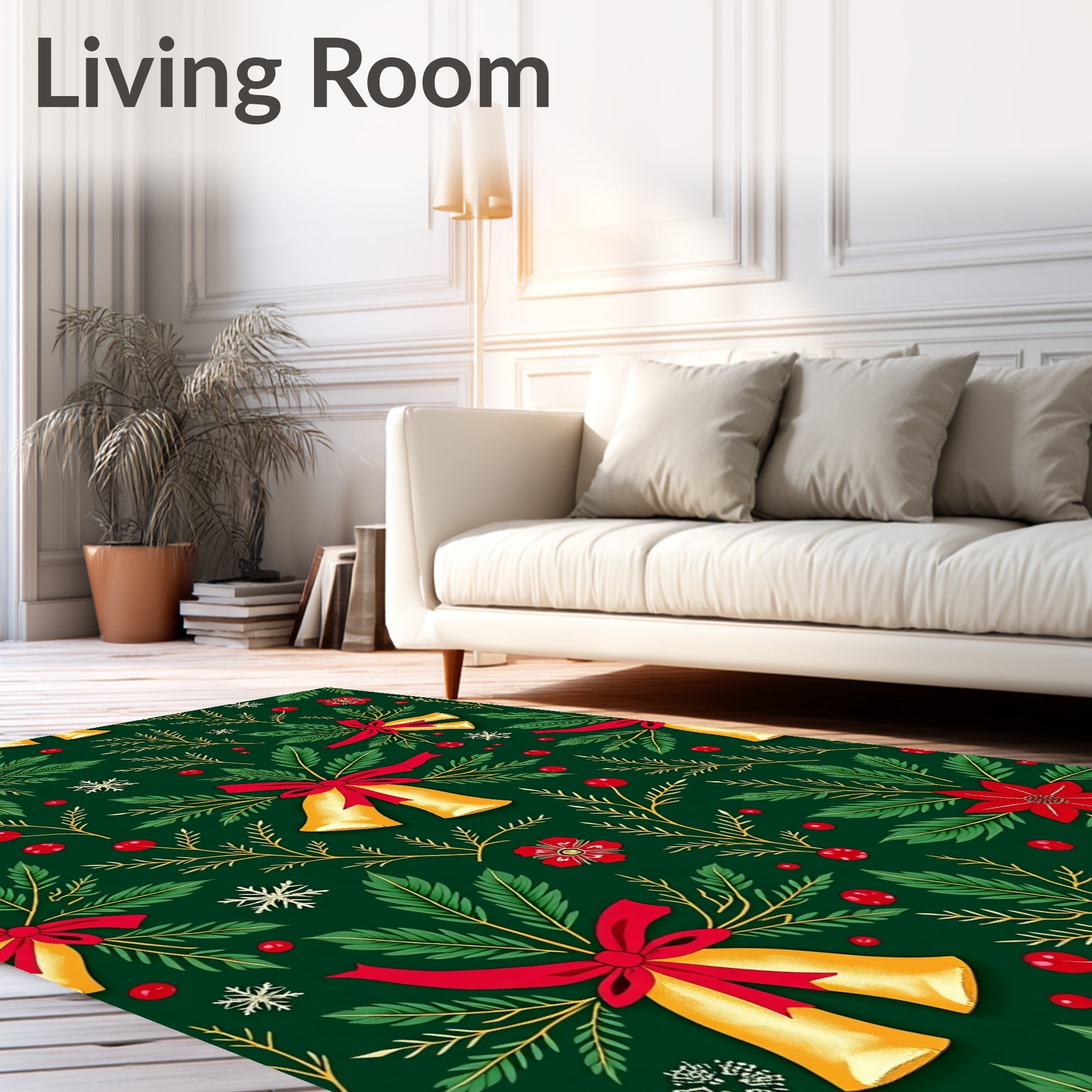 Golden Bells Red Ribbon Green Foliage Rug