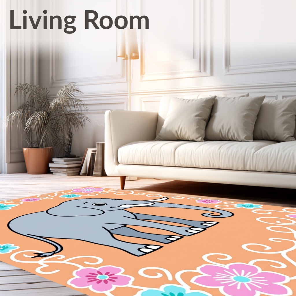 Whimsical Gray Elephant Floral Border Rug