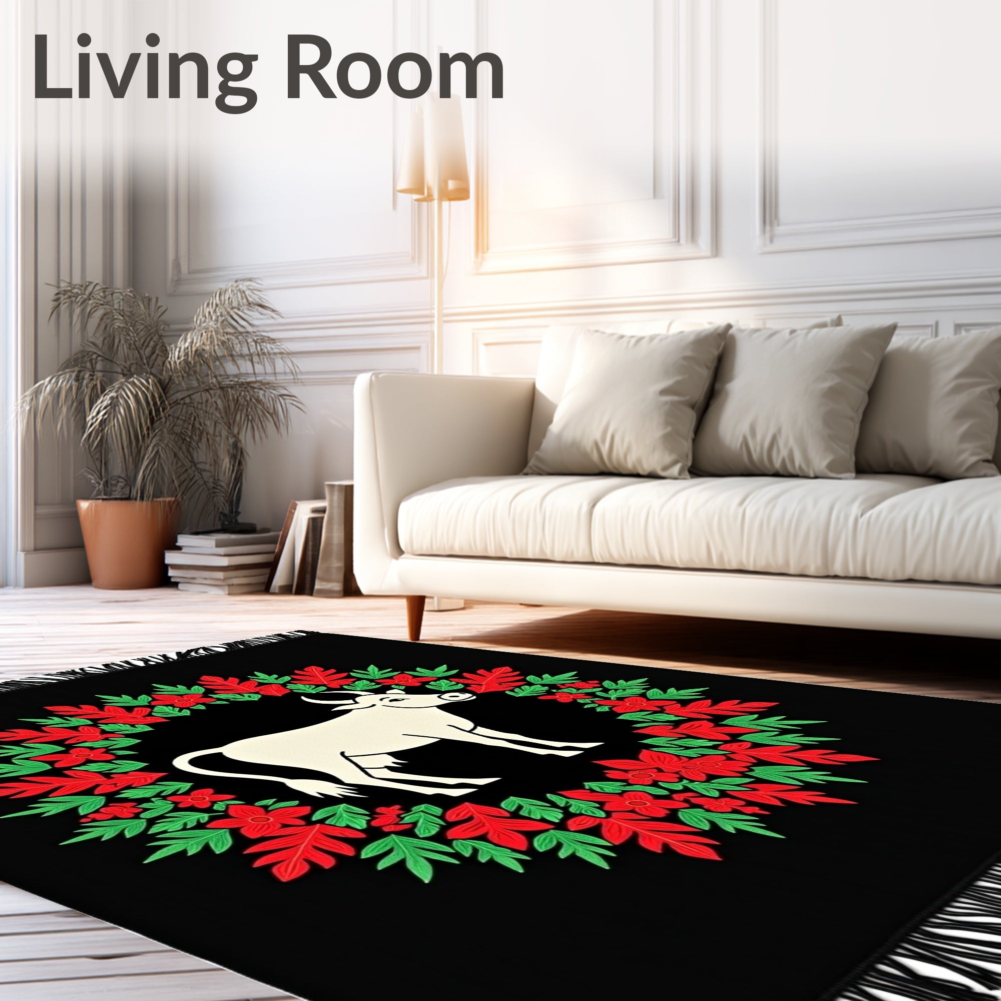 Black Cream Cow Floral Wreath Rug