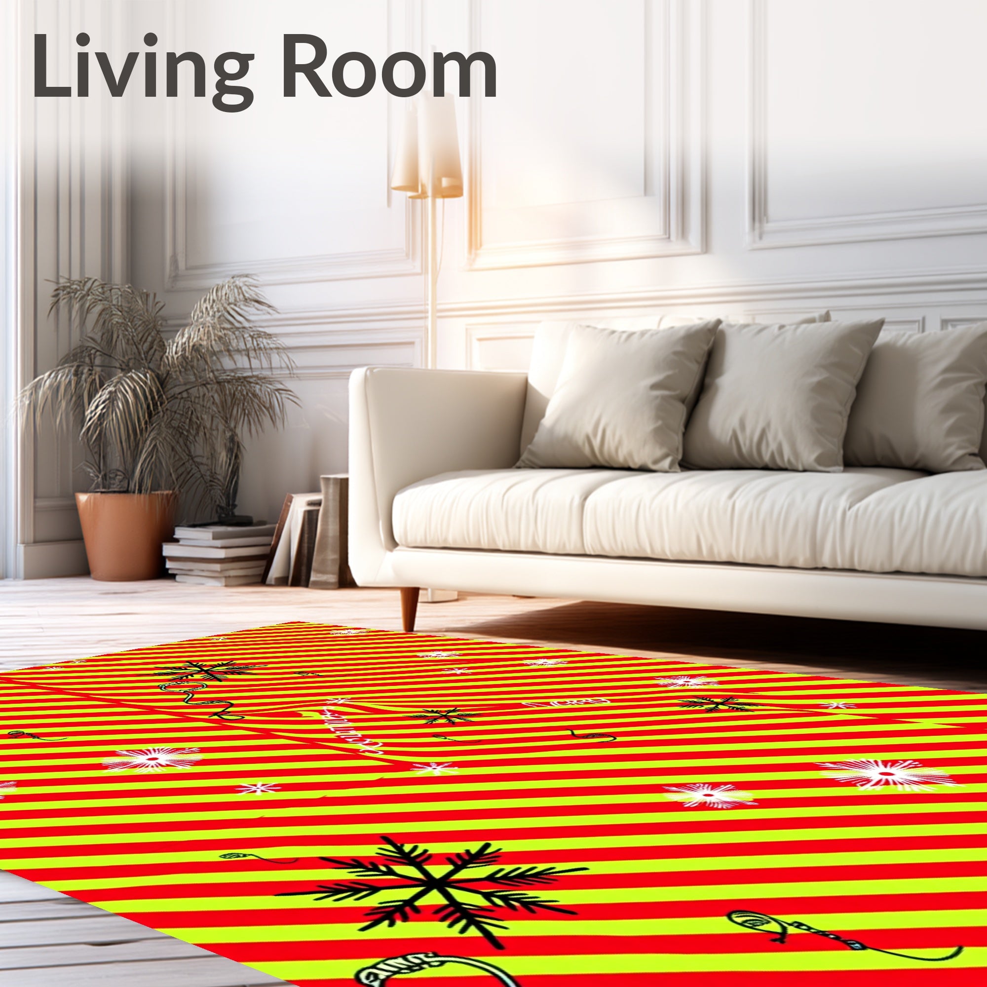 Vibrant Red Yellow Stripe Snowflake Accents Rug