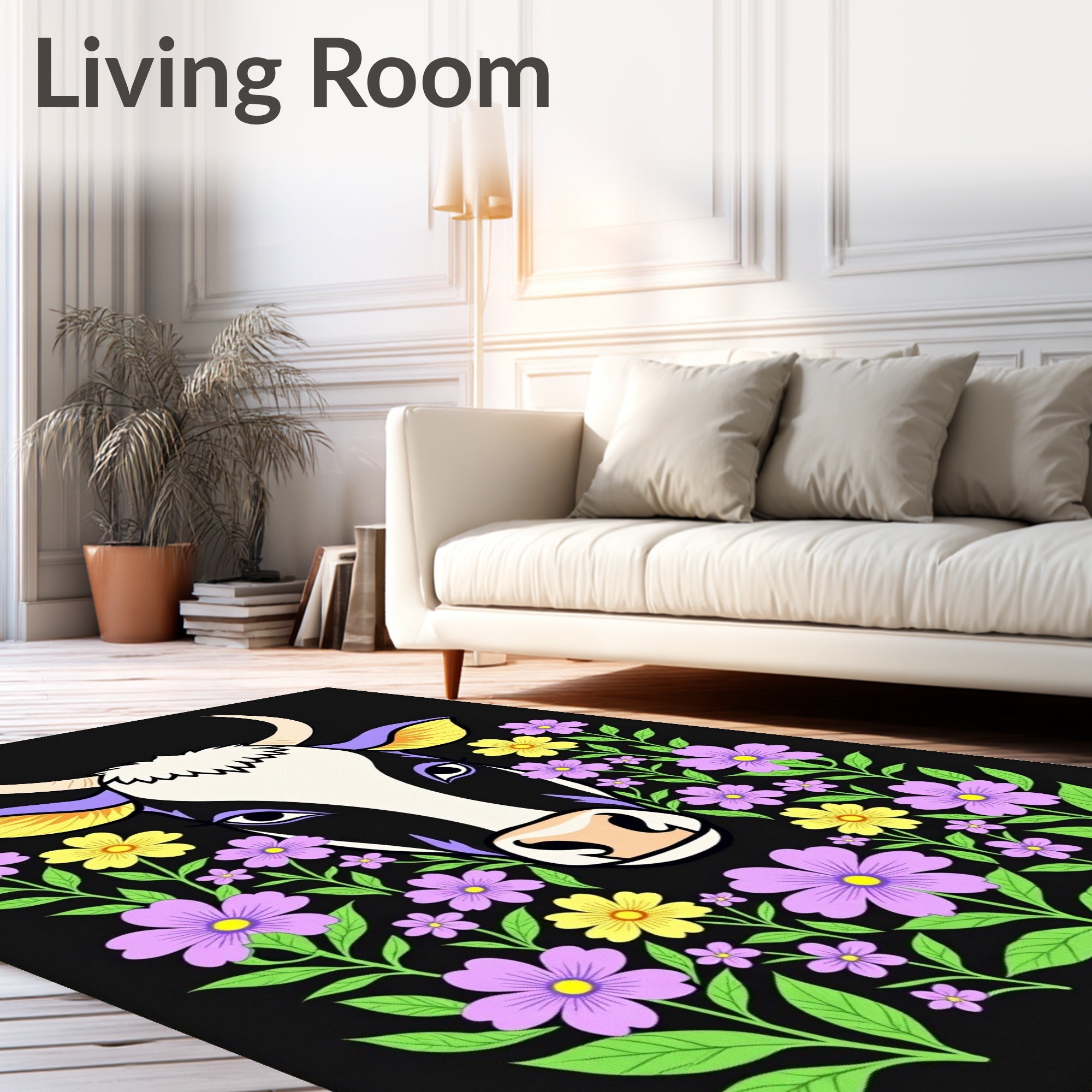 Whimsical Cow Floral Garland Rug