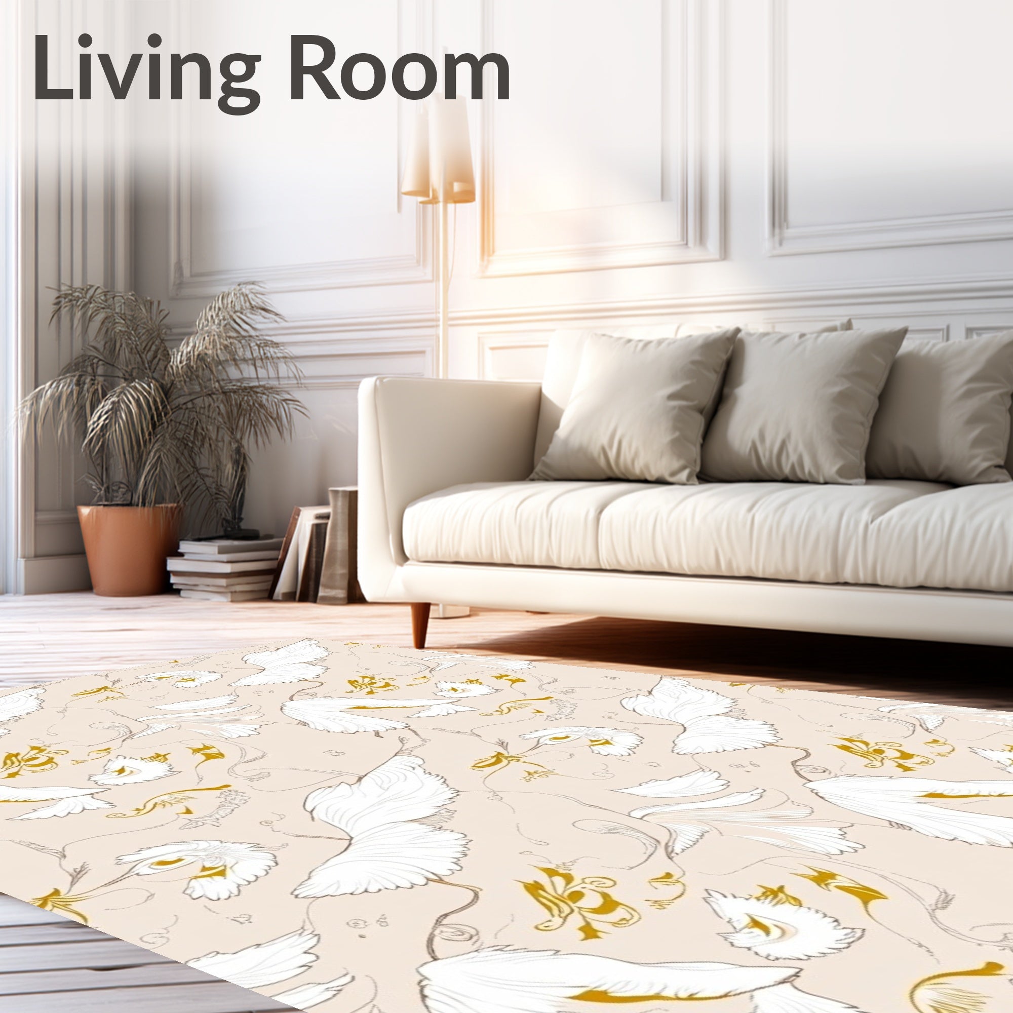 Ethereal White Bird Gold Swirls Rug