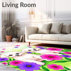 Playful White Puppies Pink Purple Flowers Rug