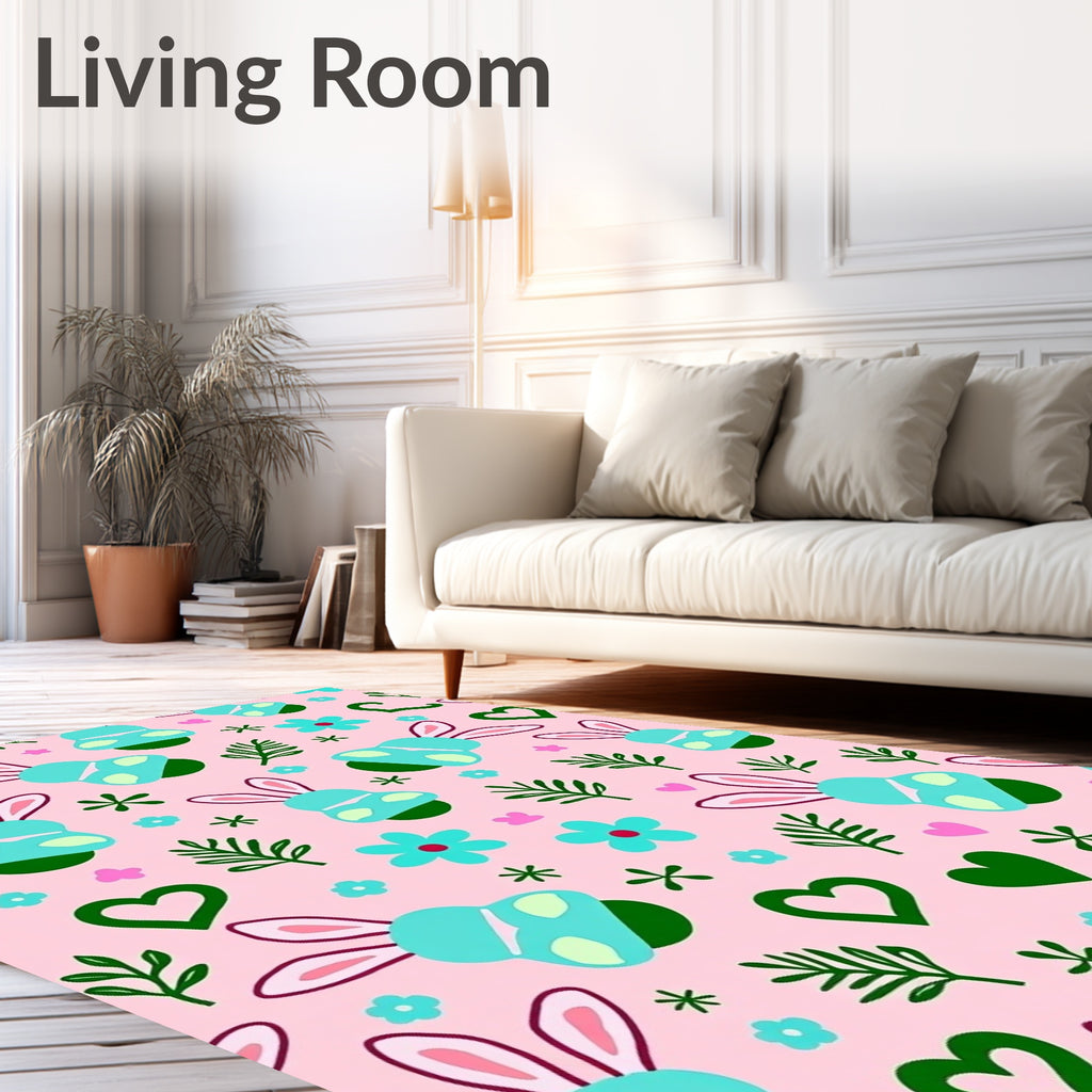 Playful Bunny Hearts Spring Floral Rug