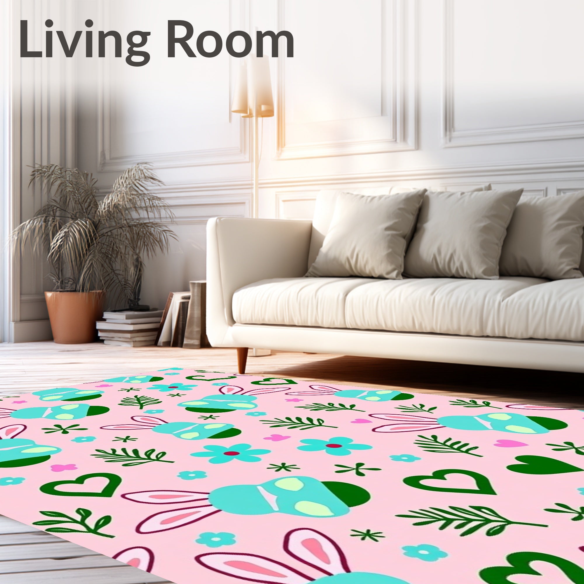 Playful Bunny Hearts Spring Floral Rug