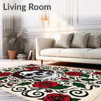 Skull Red Roses Floral Scroll Rug