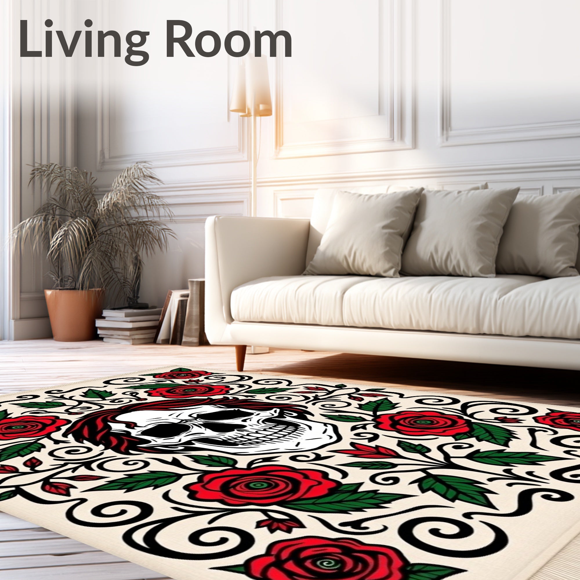 Skull Red Roses Floral Scroll Rug