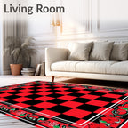 Bold Red Black Checkerboard Floral Border Rug