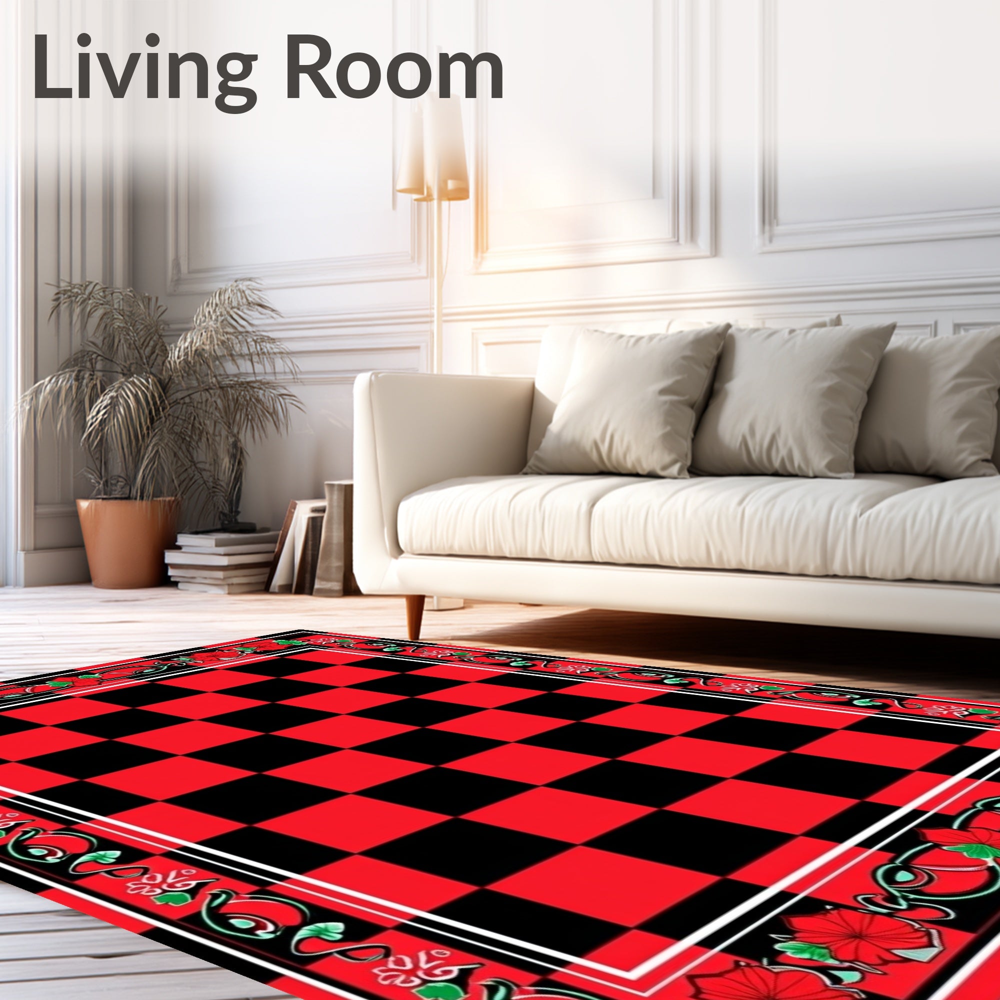 Bold Red Black Checkerboard Floral Border Rug